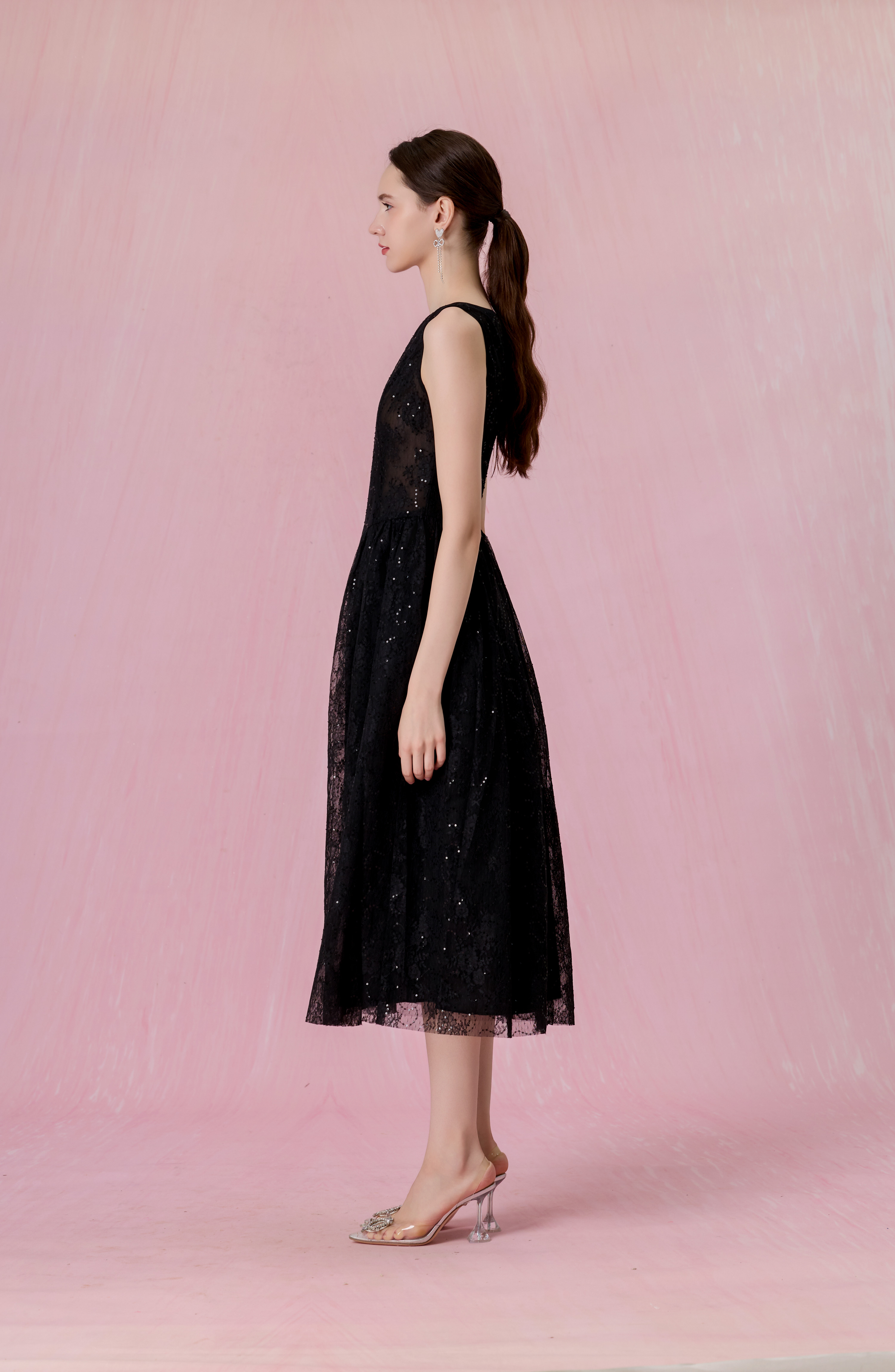 Cherina Black Sheer Lace A-Line Dress