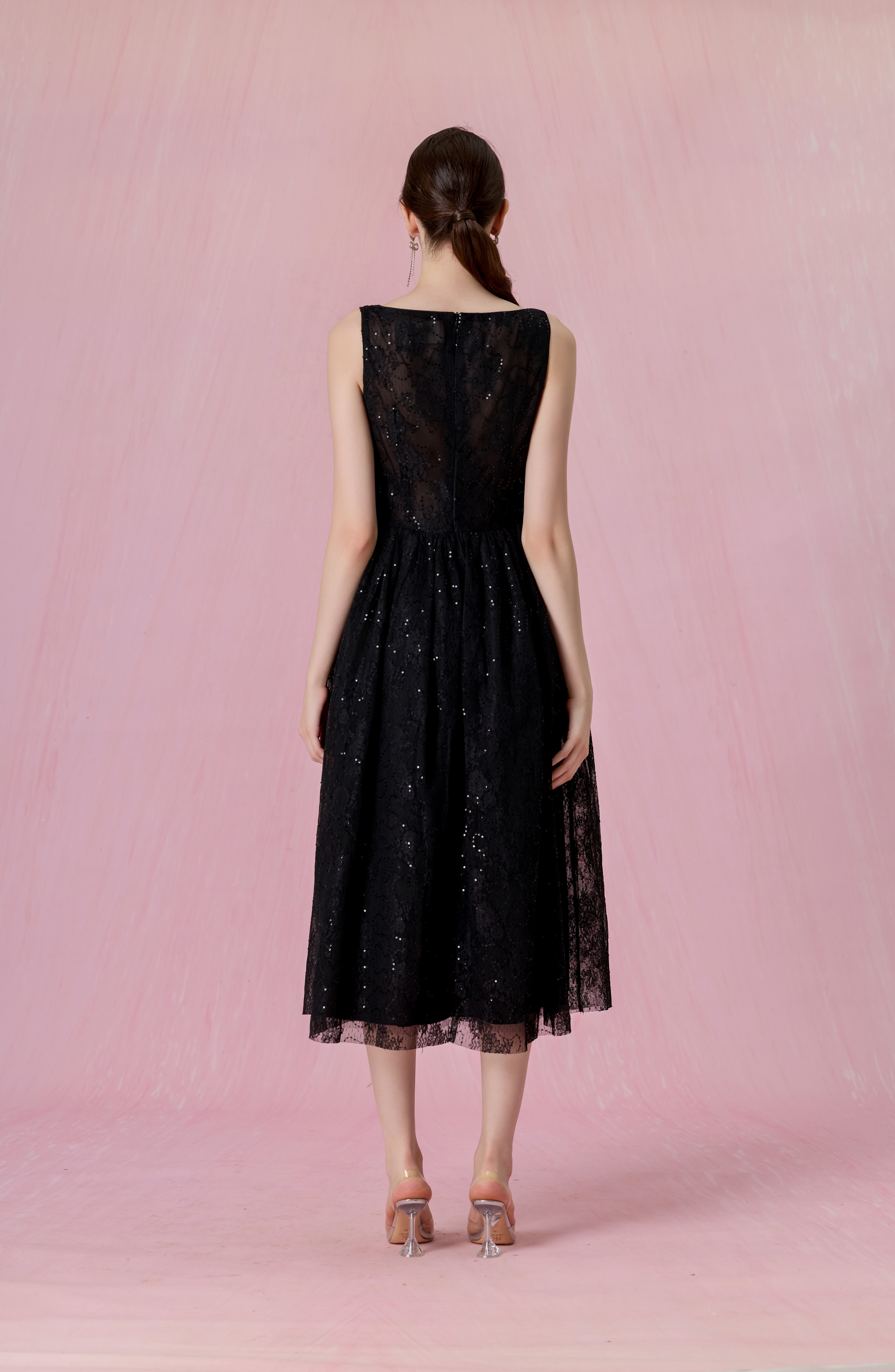 Cherina Black Sheer Lace A-Line Dress