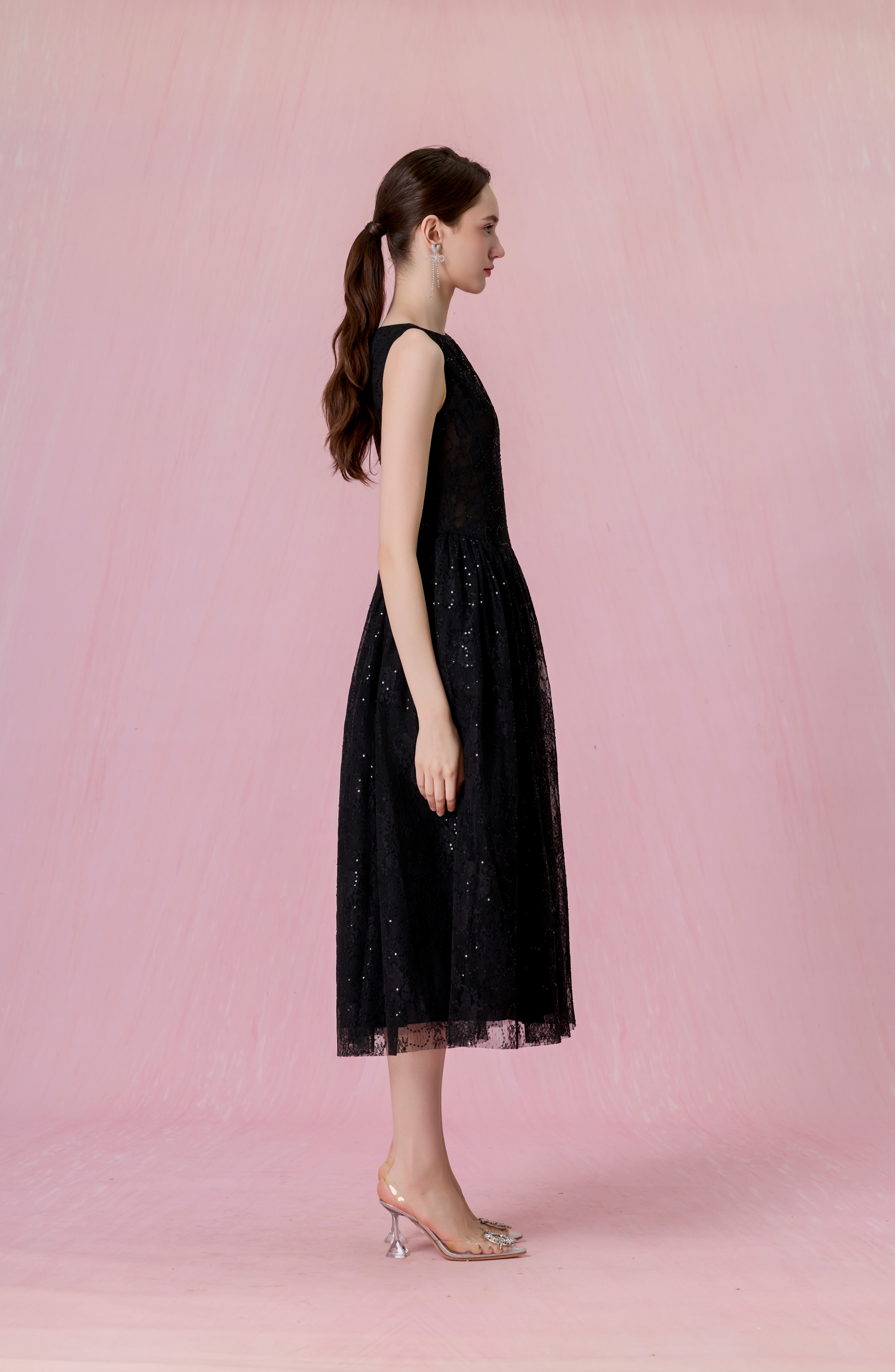 Cherina Black Sheer Lace A-Line Dress