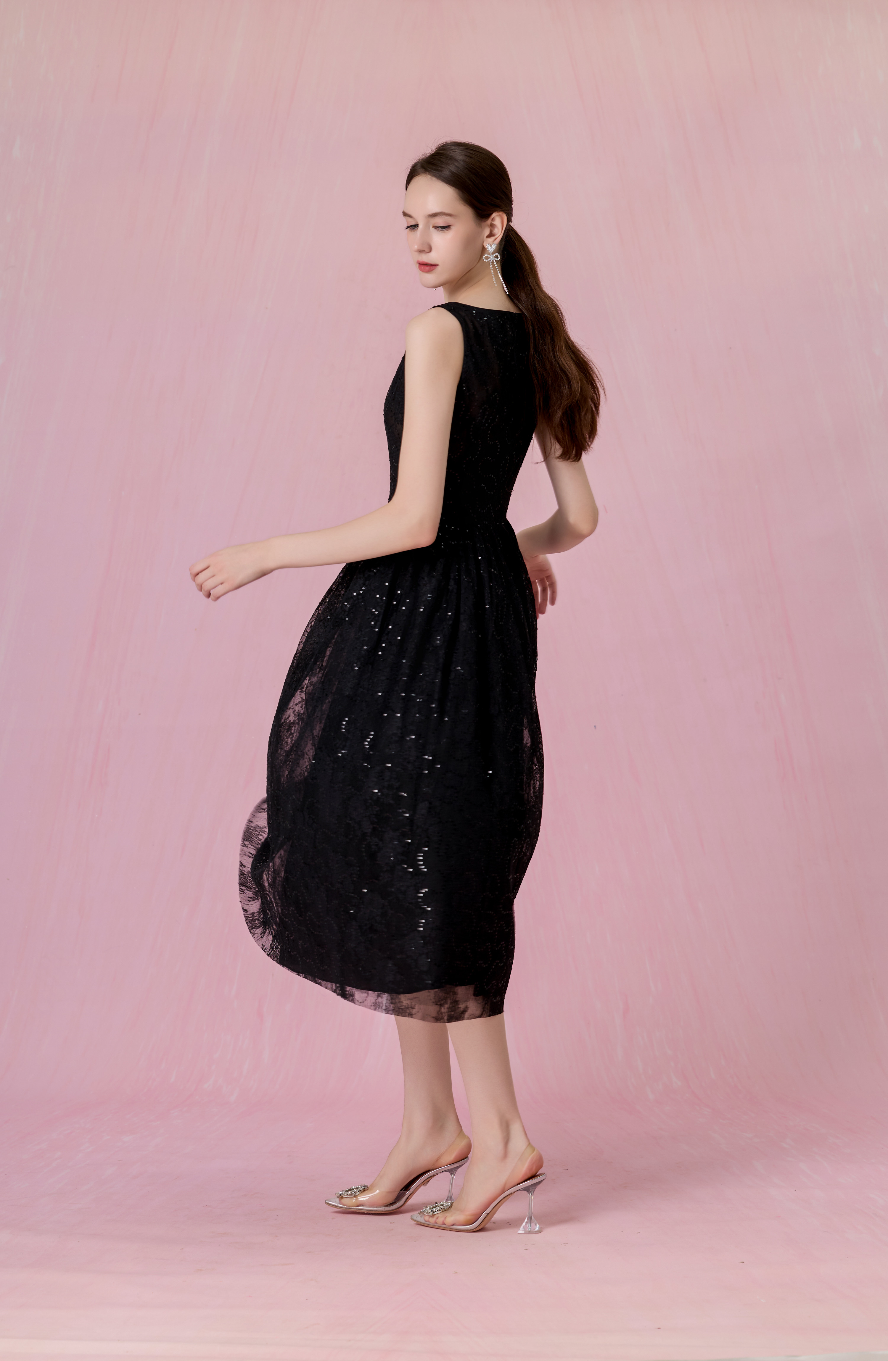 Cherina Black Sheer Lace A-Line Dress