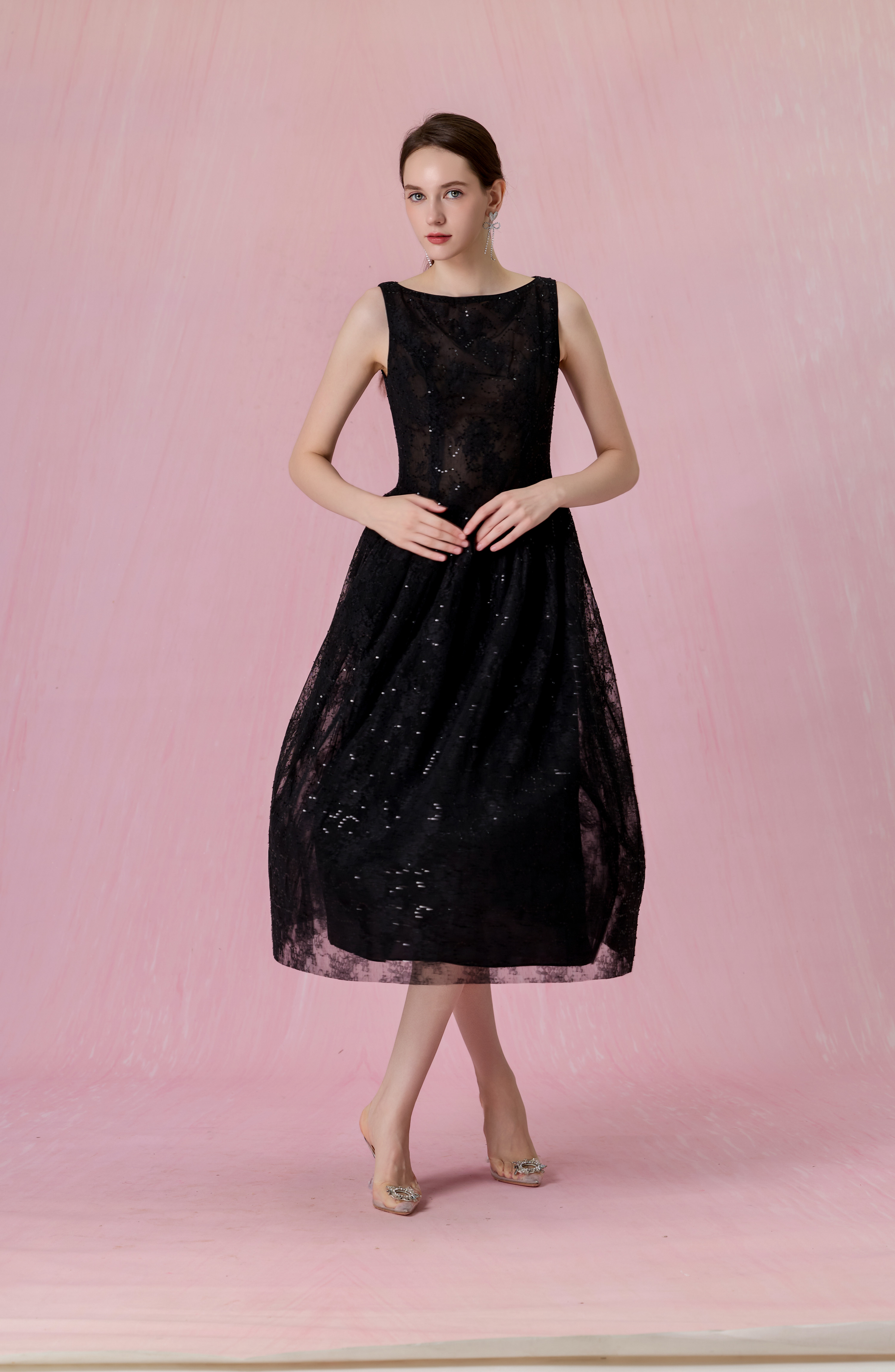 Cherina Black Sheer Lace A-Line Dress