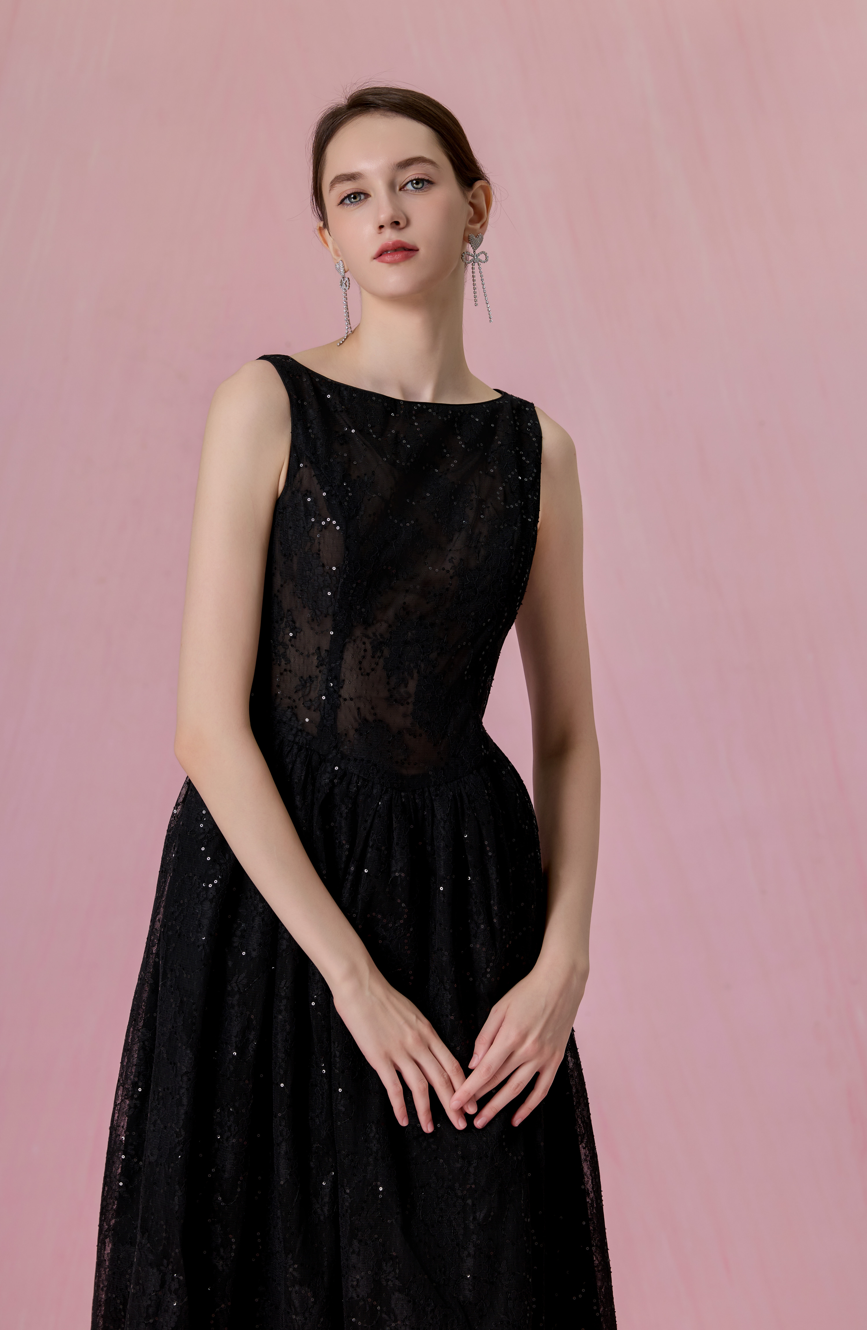 Cherina Black Sheer Lace A-Line Dress