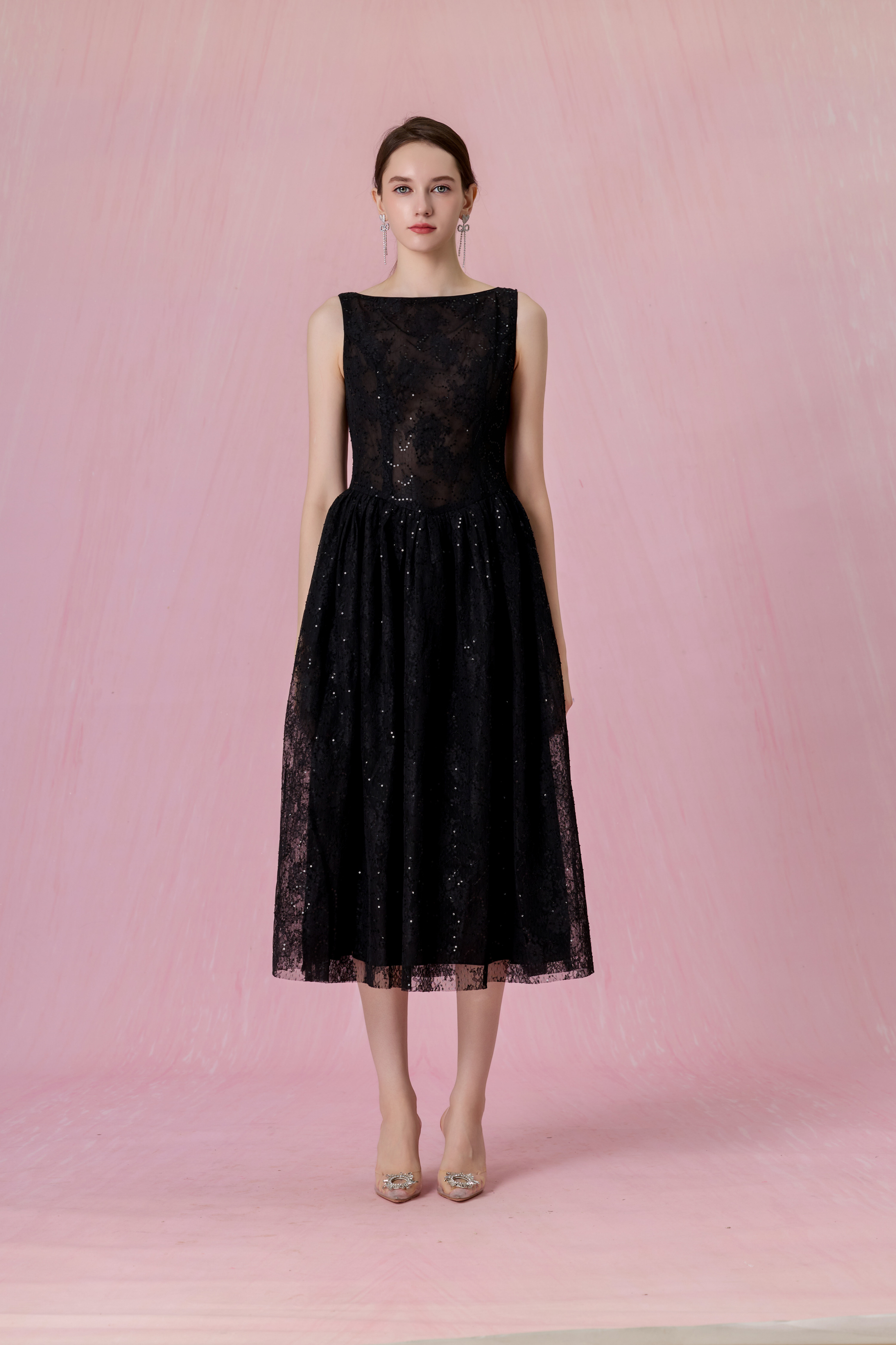 Cherina Black Sheer Lace A-Line Dress
