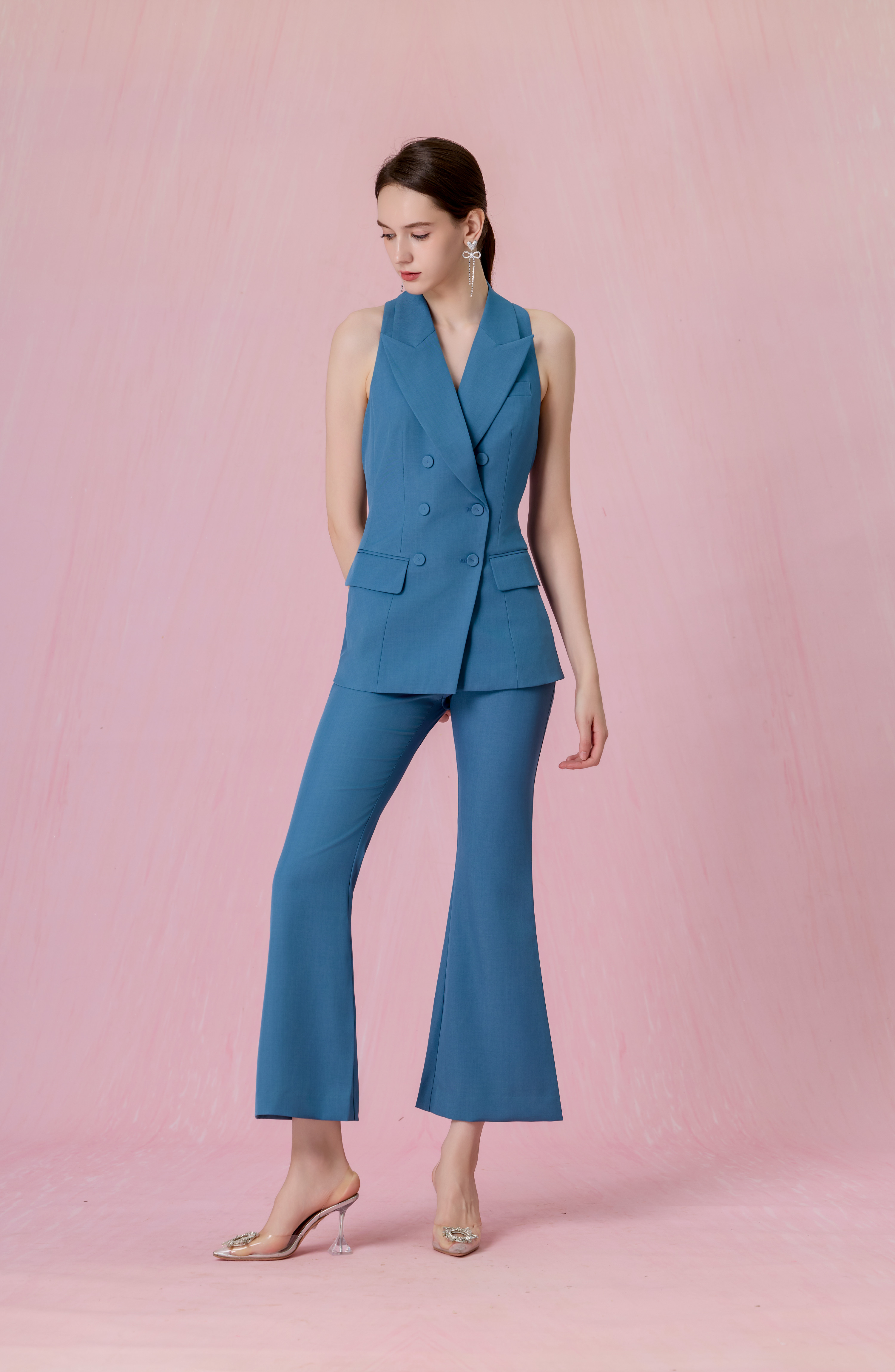 Chontel Slate Blue Structured High-Rise Flare Pants