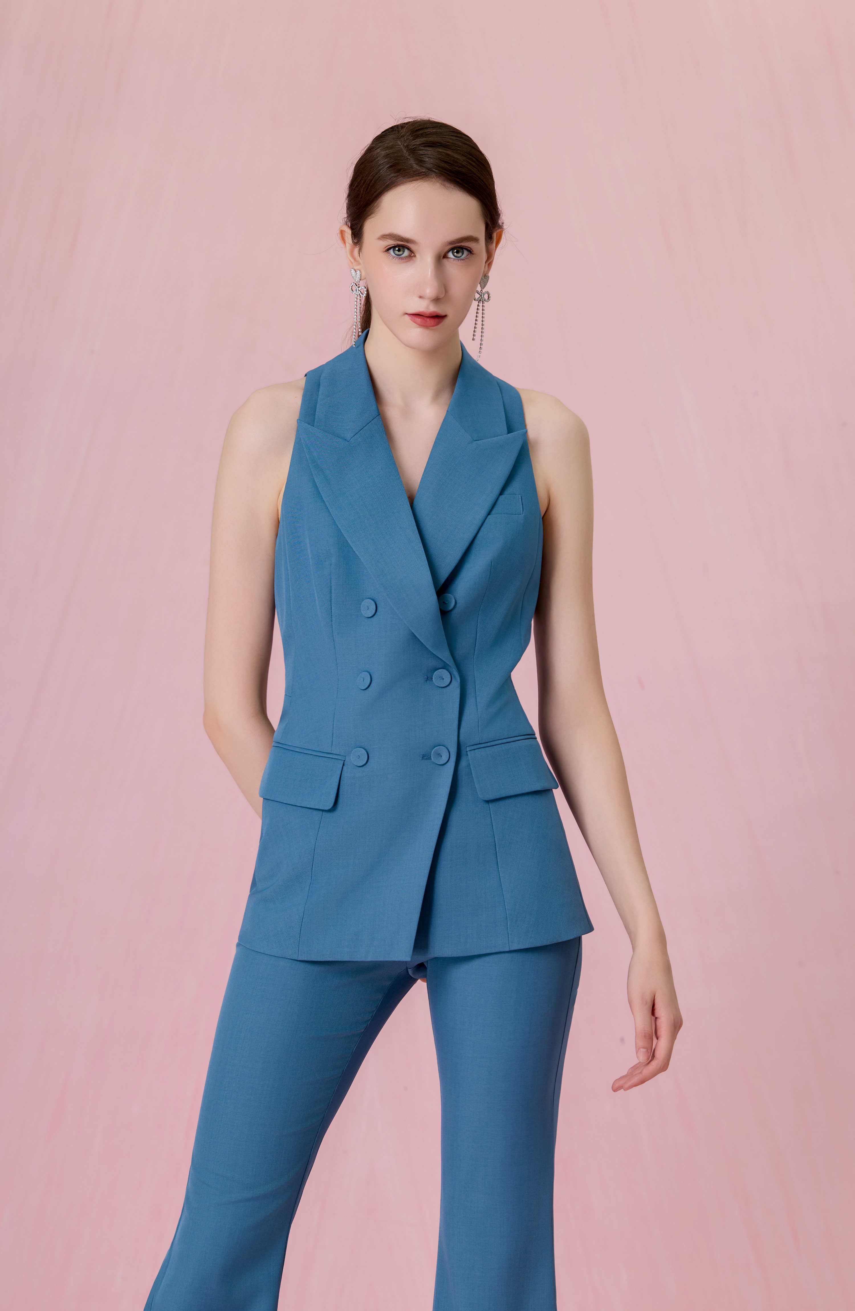 Chontel Slate Blue Structured High-Rise Flare Pants