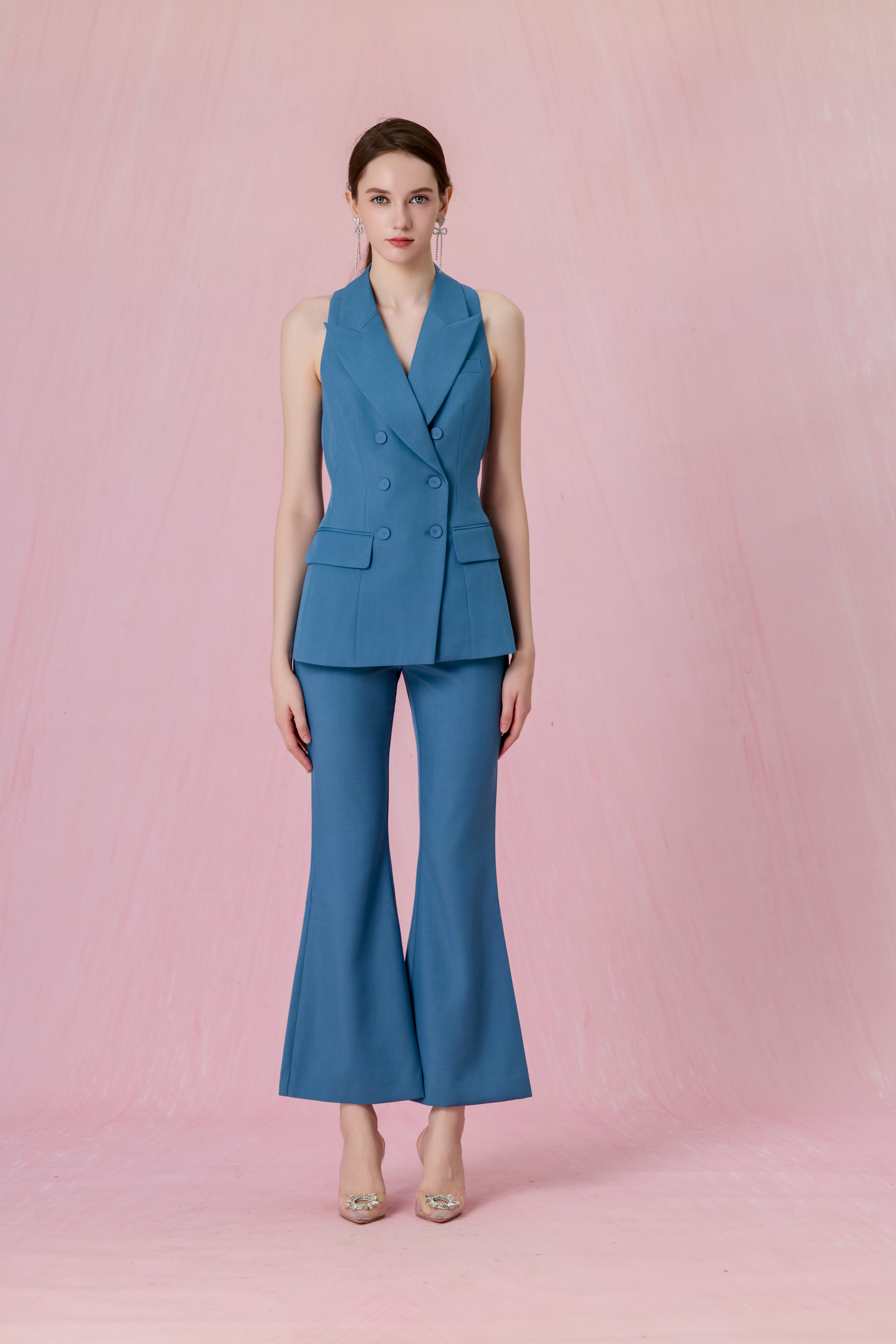 Chontel Slate Blue Structured High-Rise Flare Pants