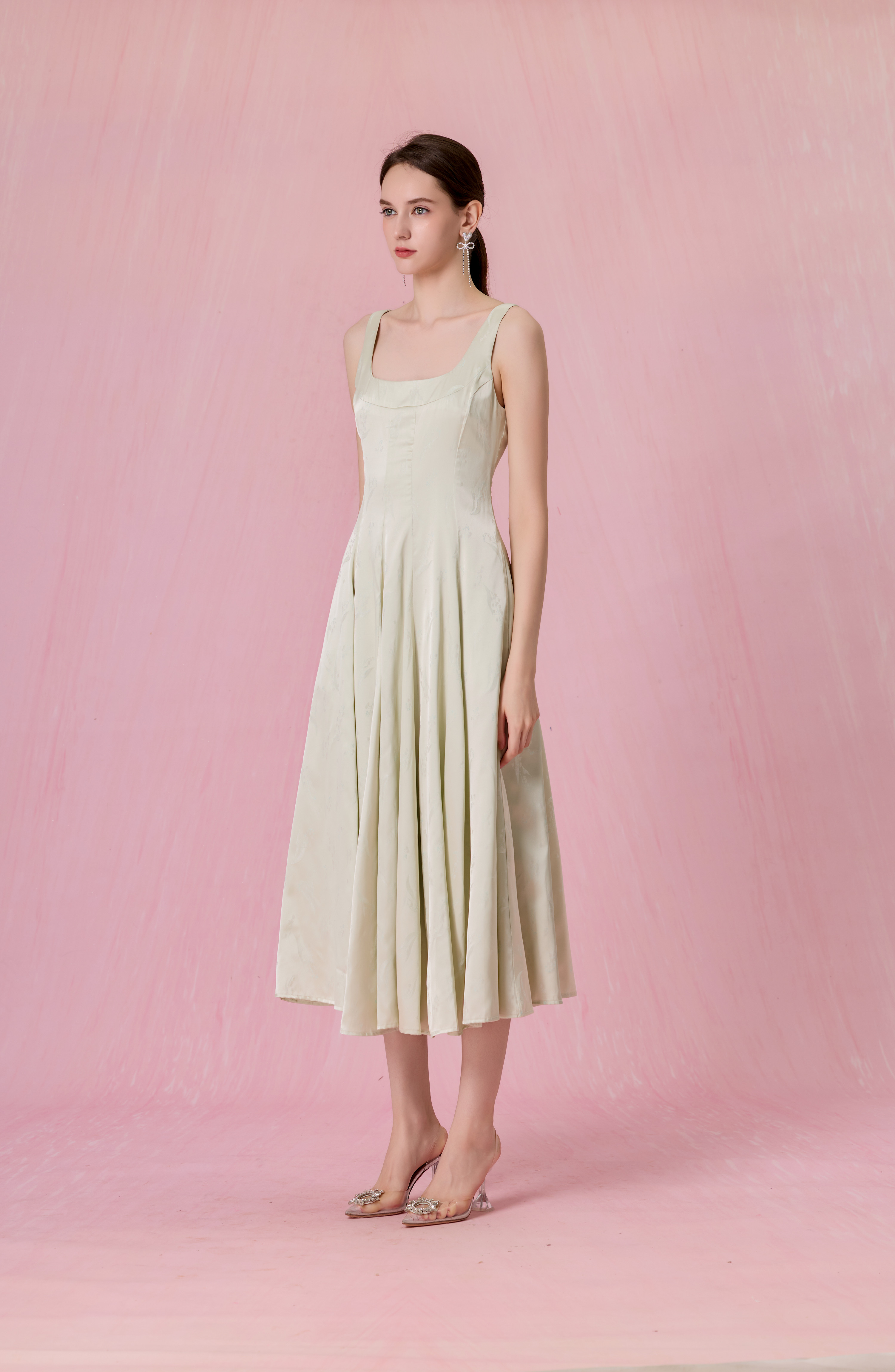 Cherey Light Green Square Neck A-Line Midi Dress