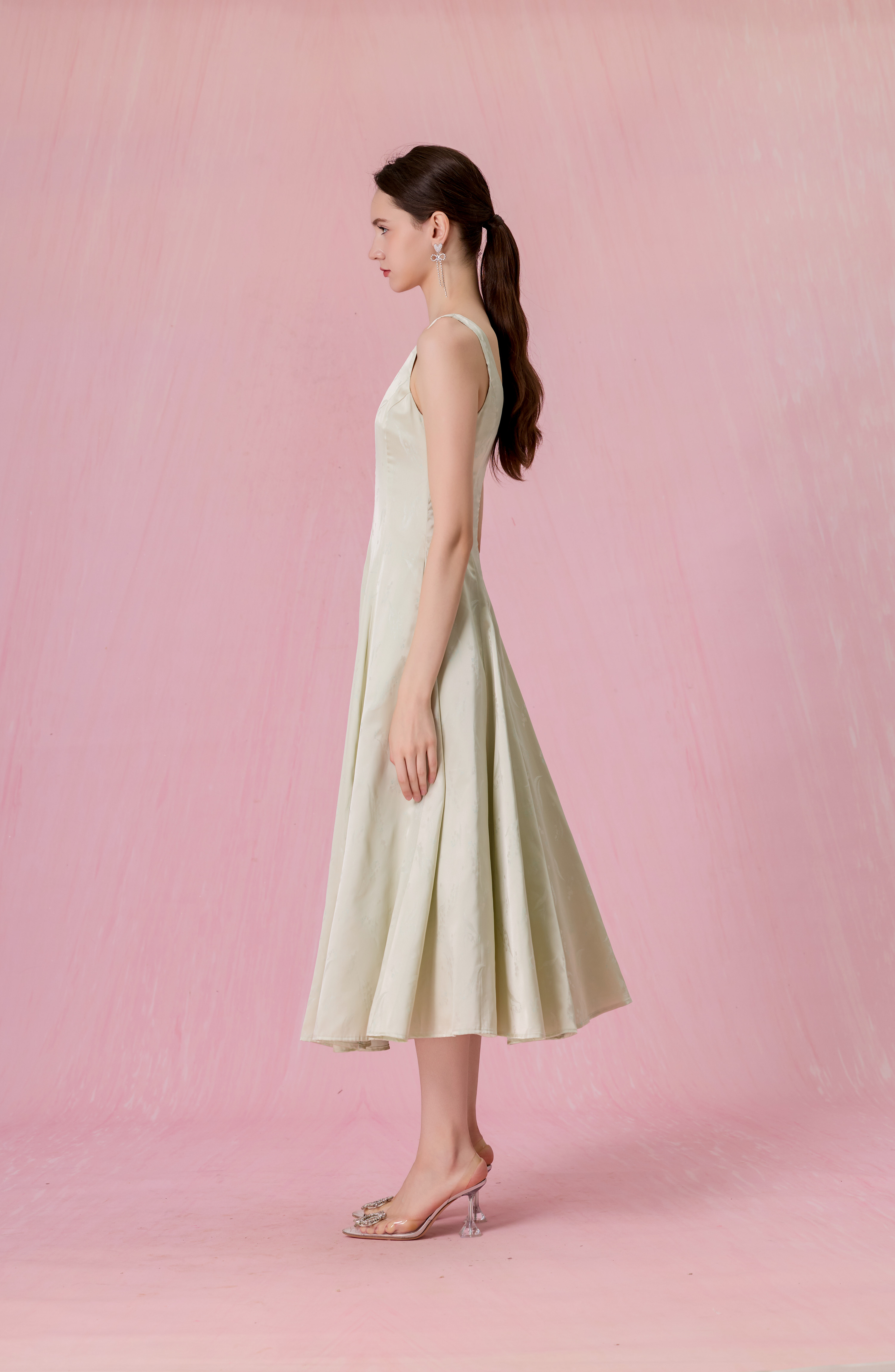 Cherey Light Green Square Neck A-Line Midi Dress