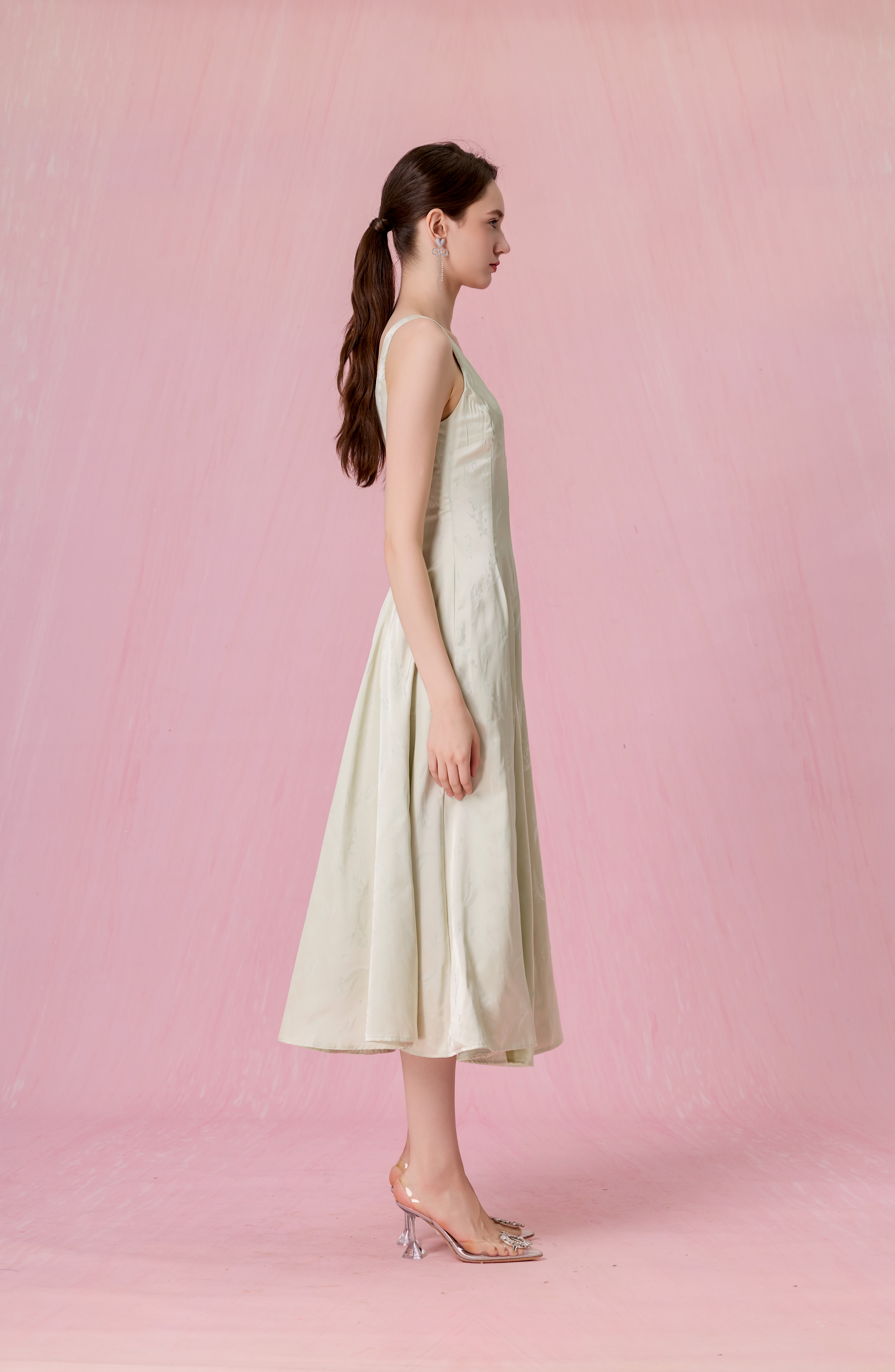 Cherey Light Green Square Neck A-Line Midi Dress
