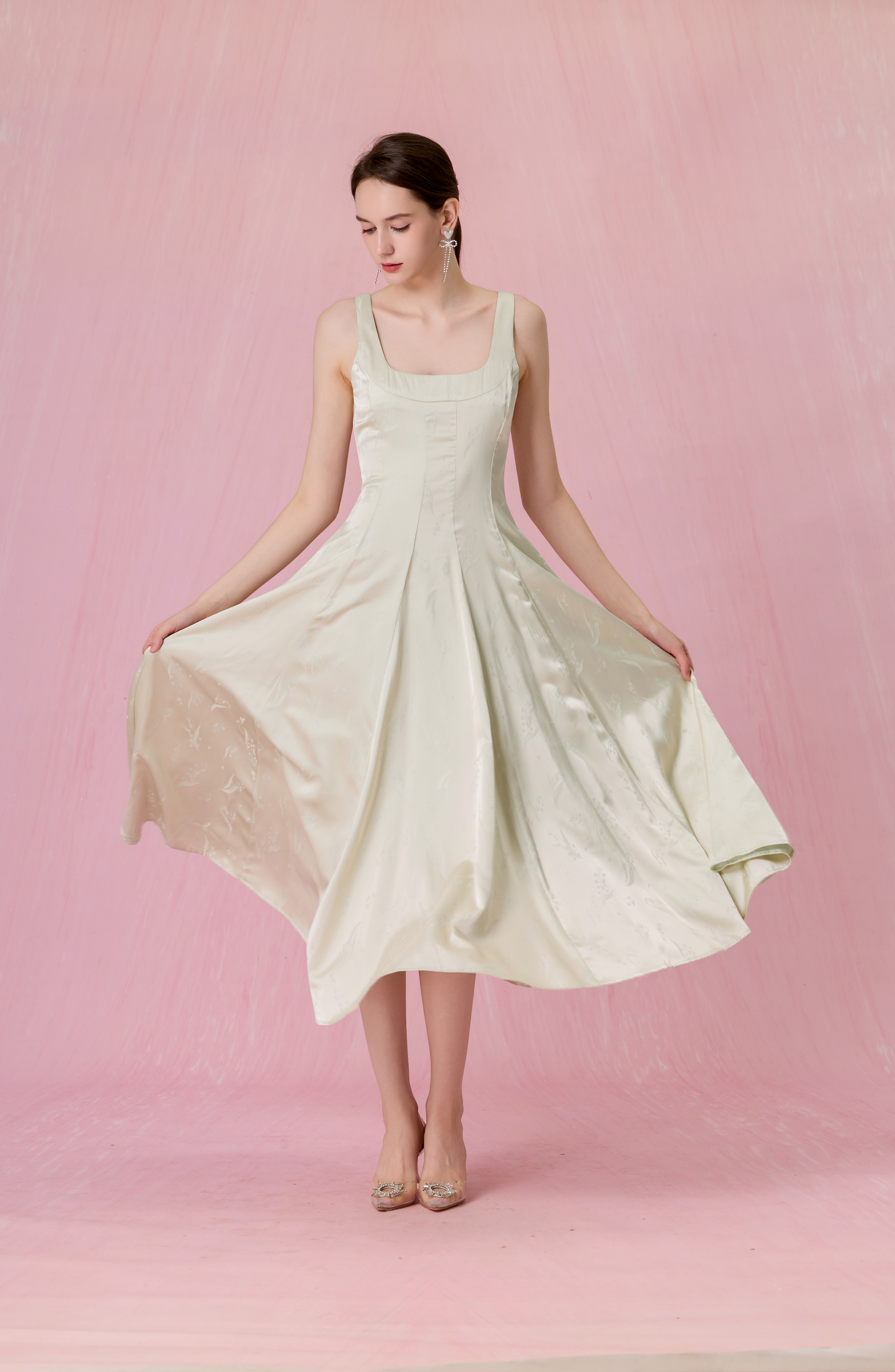 Cherey Light Green Square Neck A-Line Midi Dress
