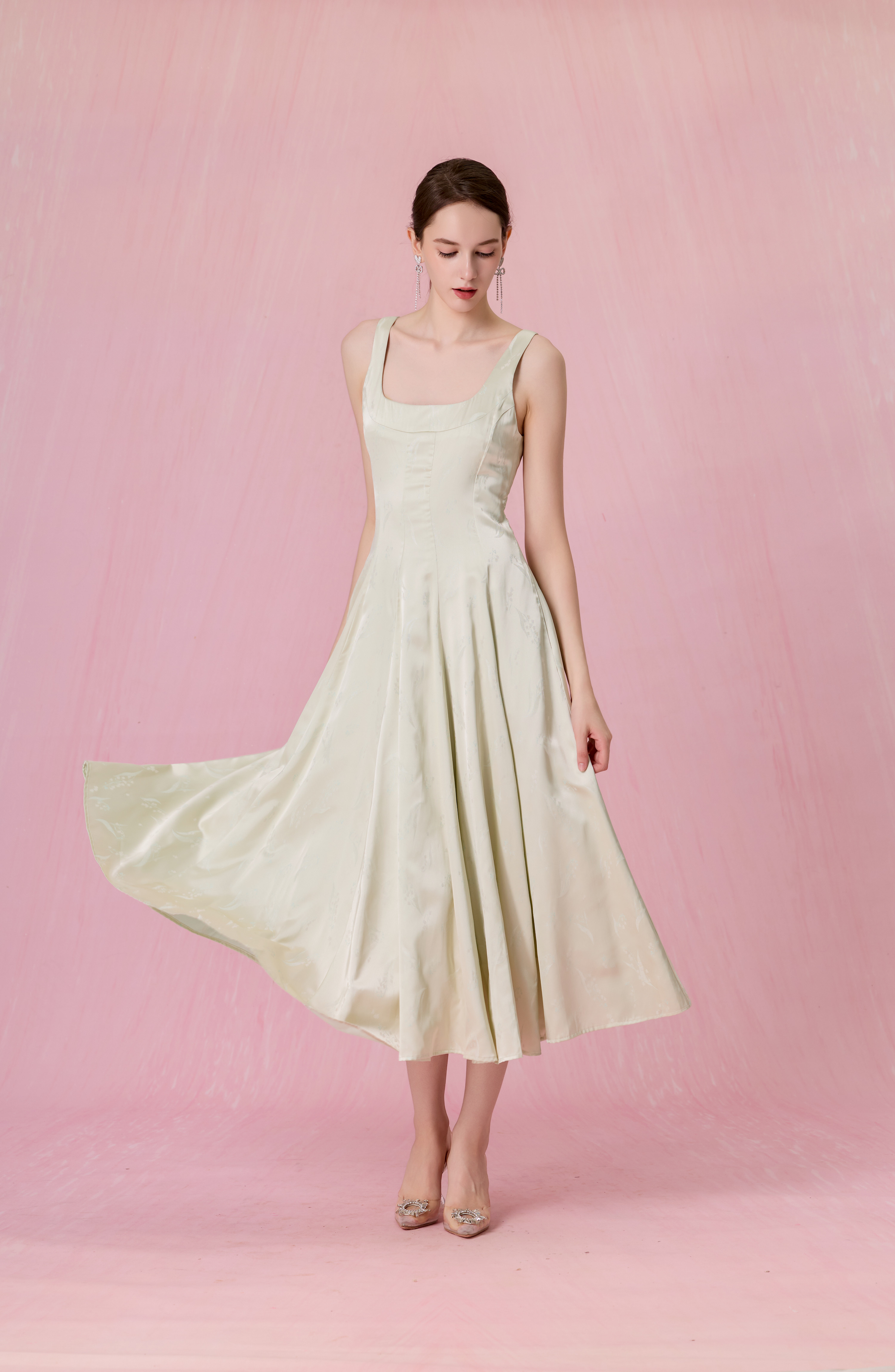 Cherey Light Green Square Neck A-Line Midi Dress