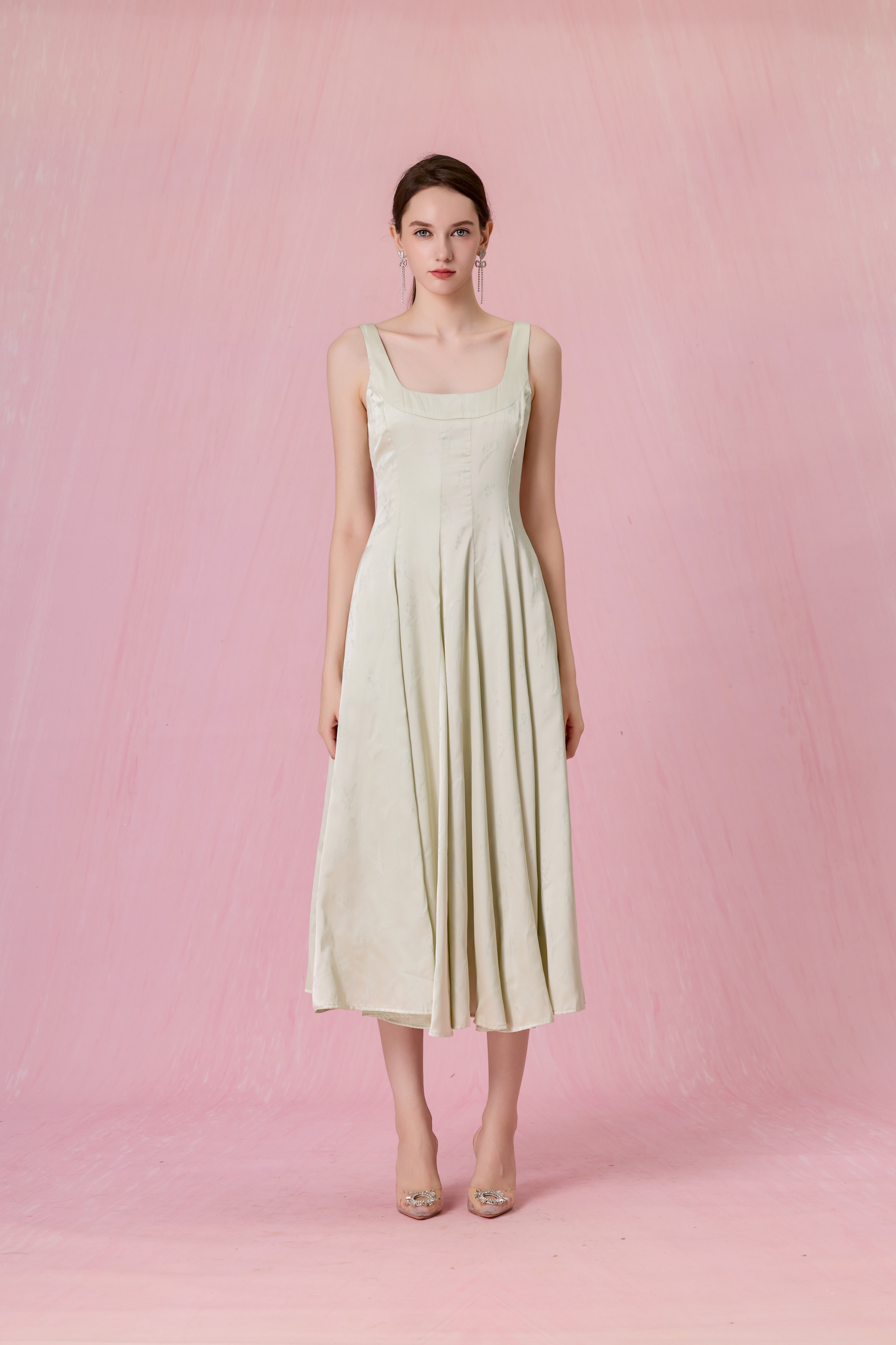 Cherey Light Green Square Neck A-Line Midi Dress