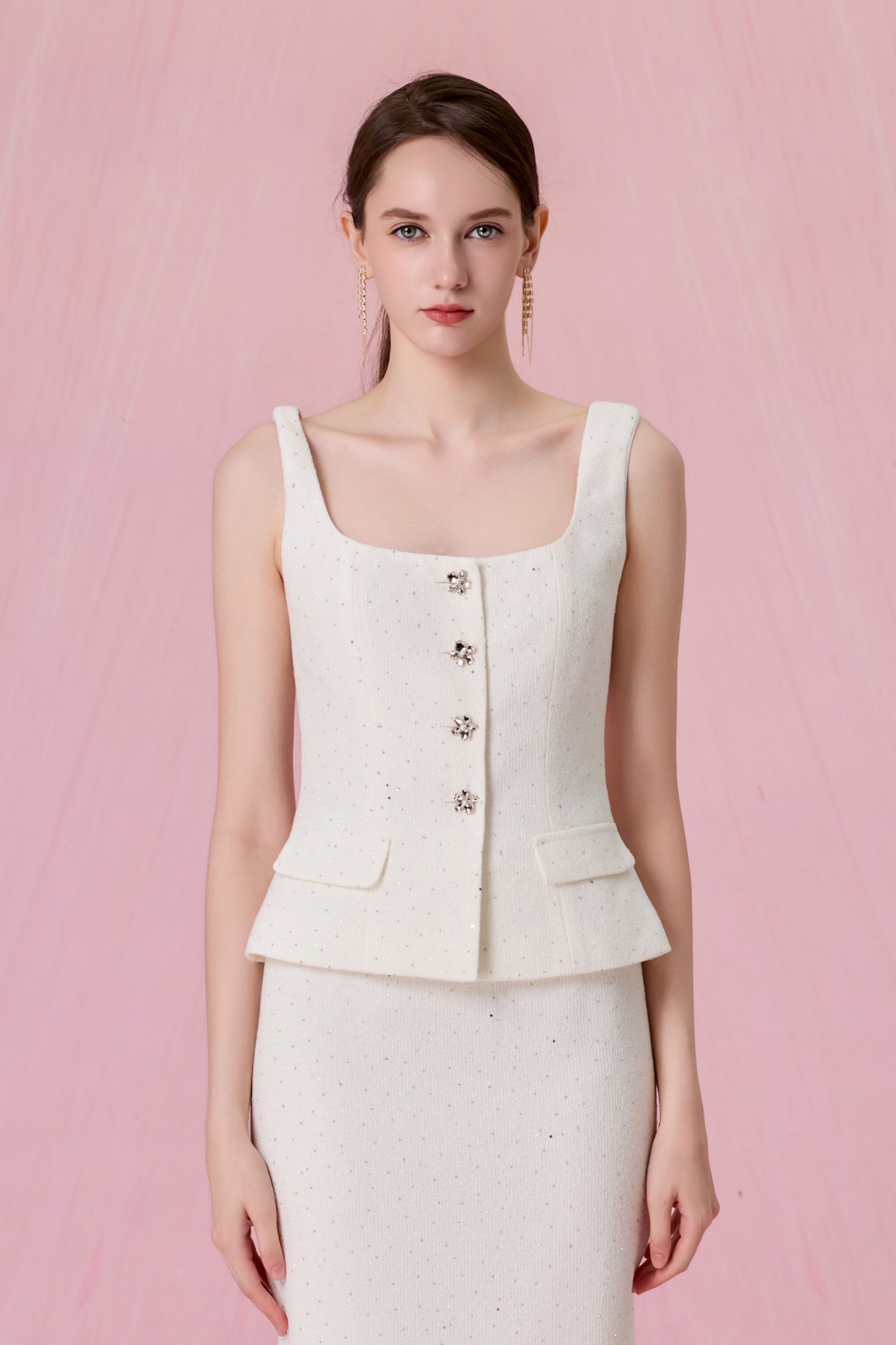 Cherrice White Tweed Peplum Strap Top
