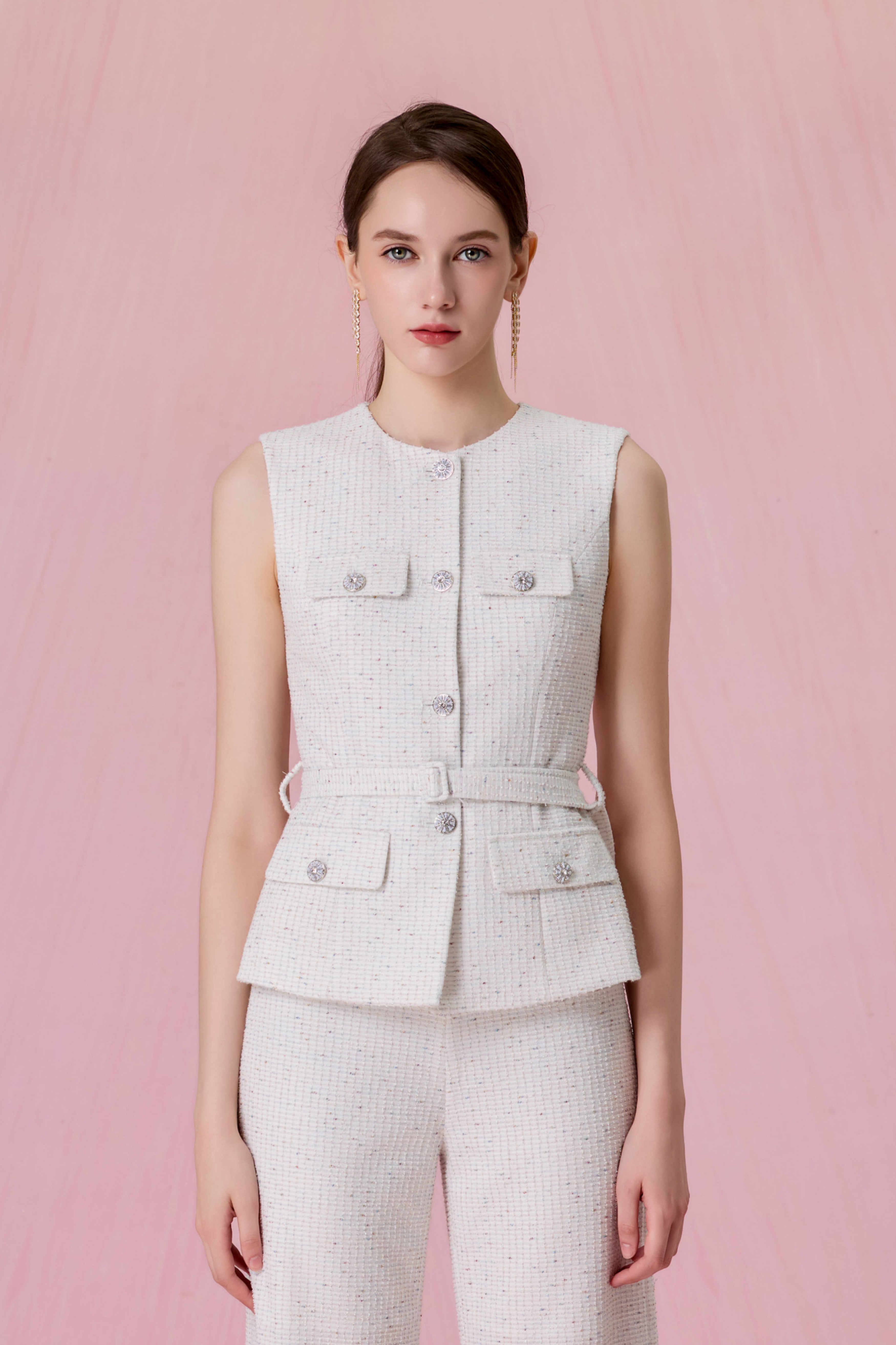 Cherrise White Tweed Belted Vest Top
