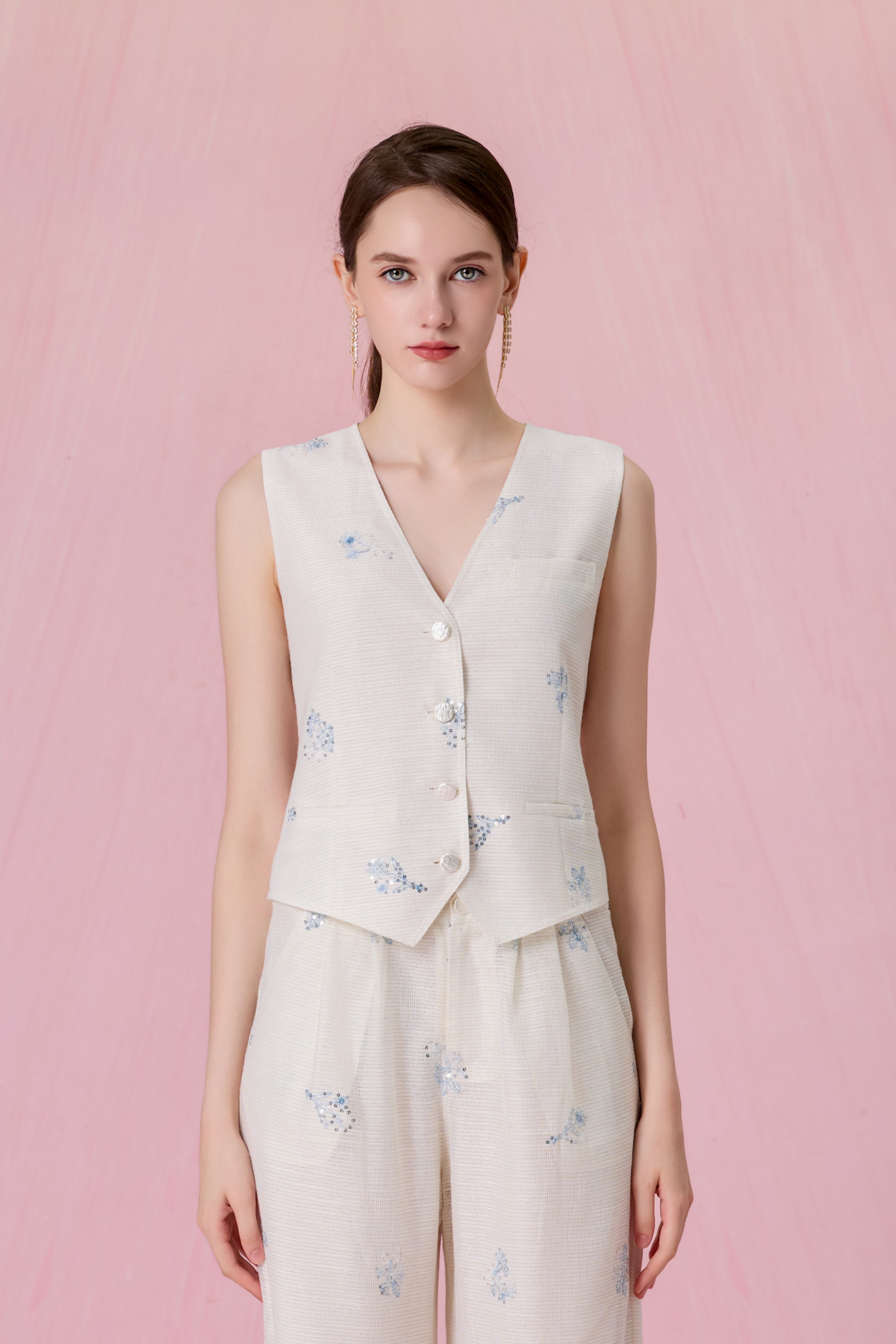 Coleta Ivory With Floral Sequins Embroidered Vest Top