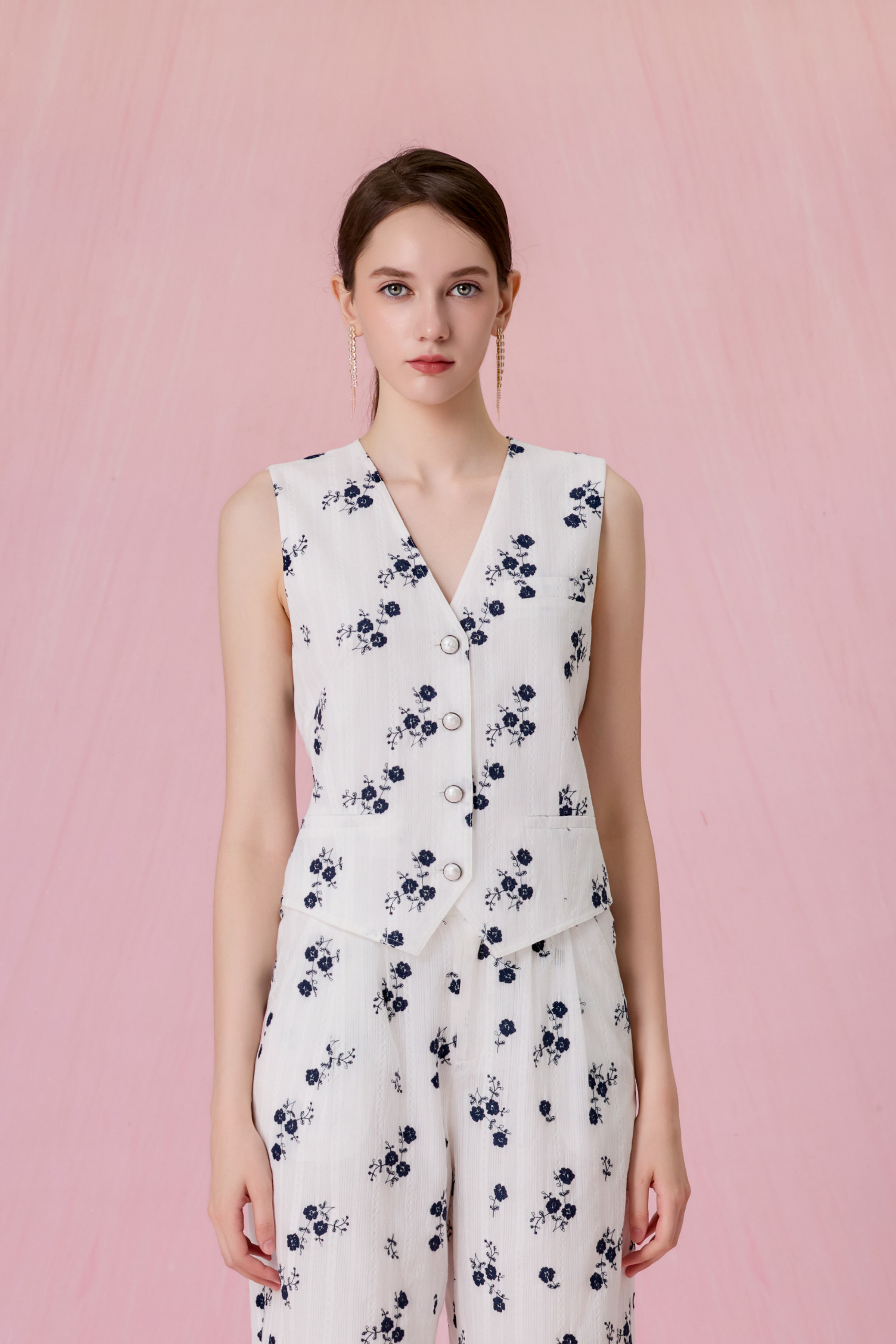 Coleta White With Embroidered Navy Floral Vest Top