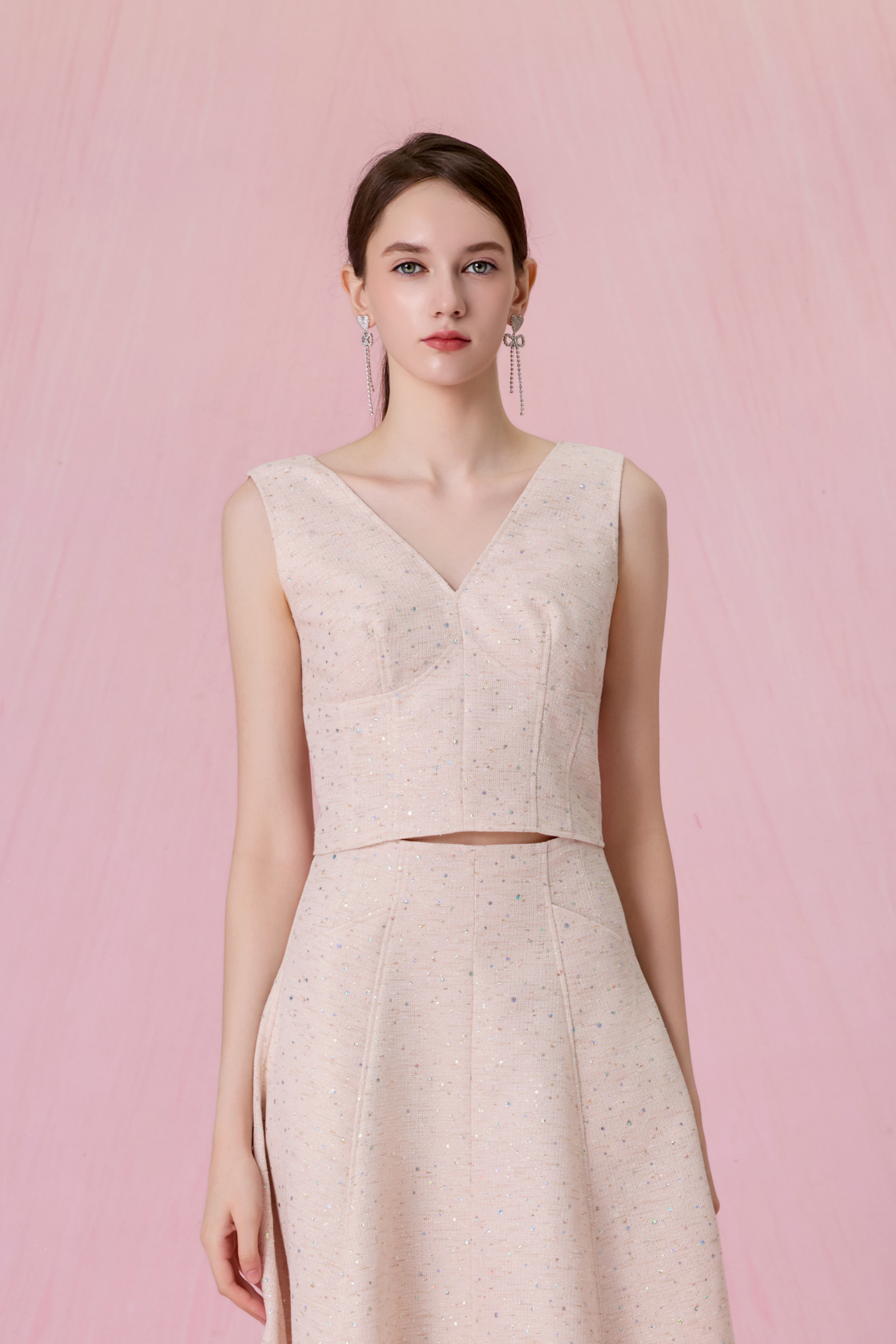 Cherree Light Pink Tweed V-Neck Cropped Top