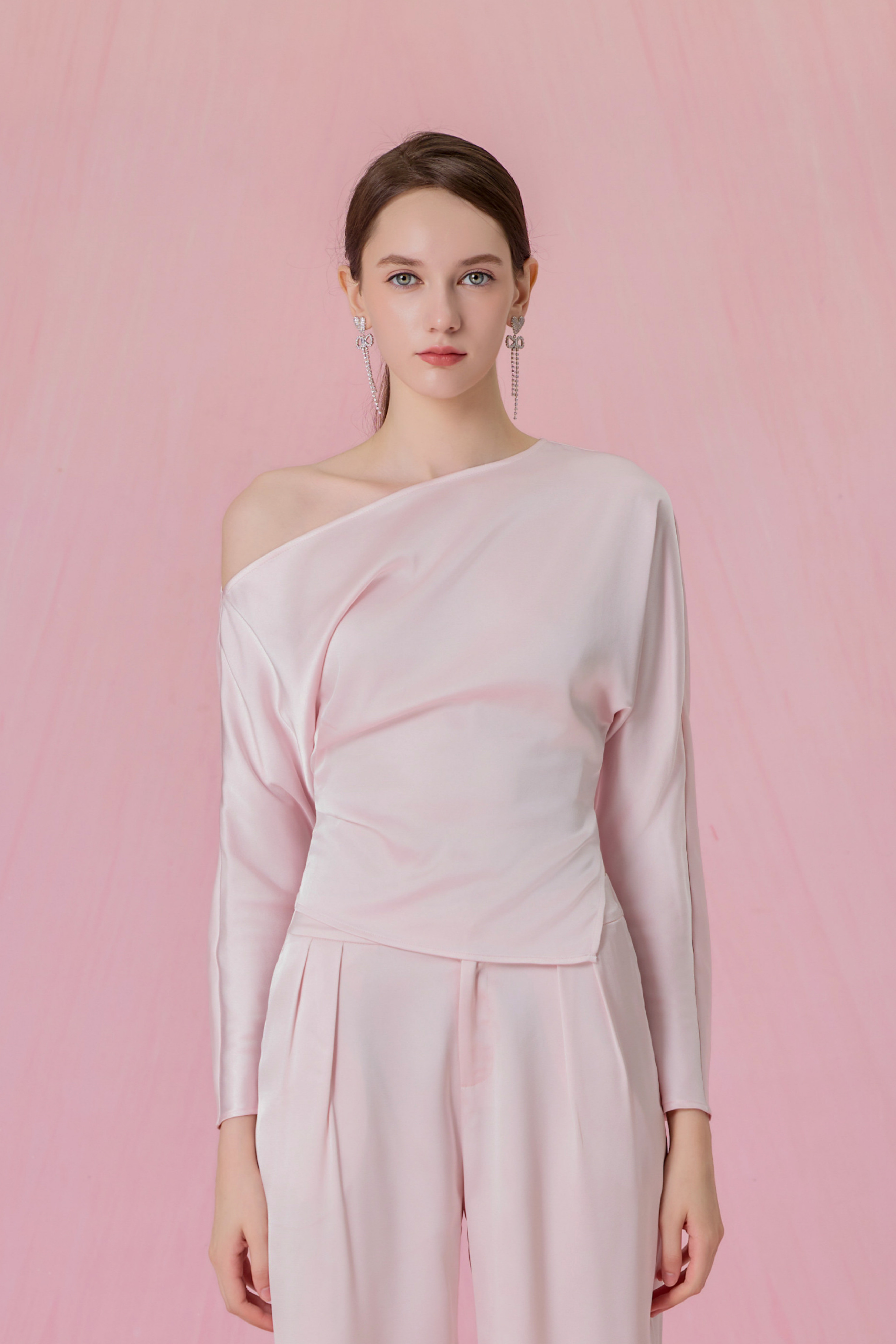 Coralie Light Pink Asymmetric Slash-Neck Long Sleeve Top