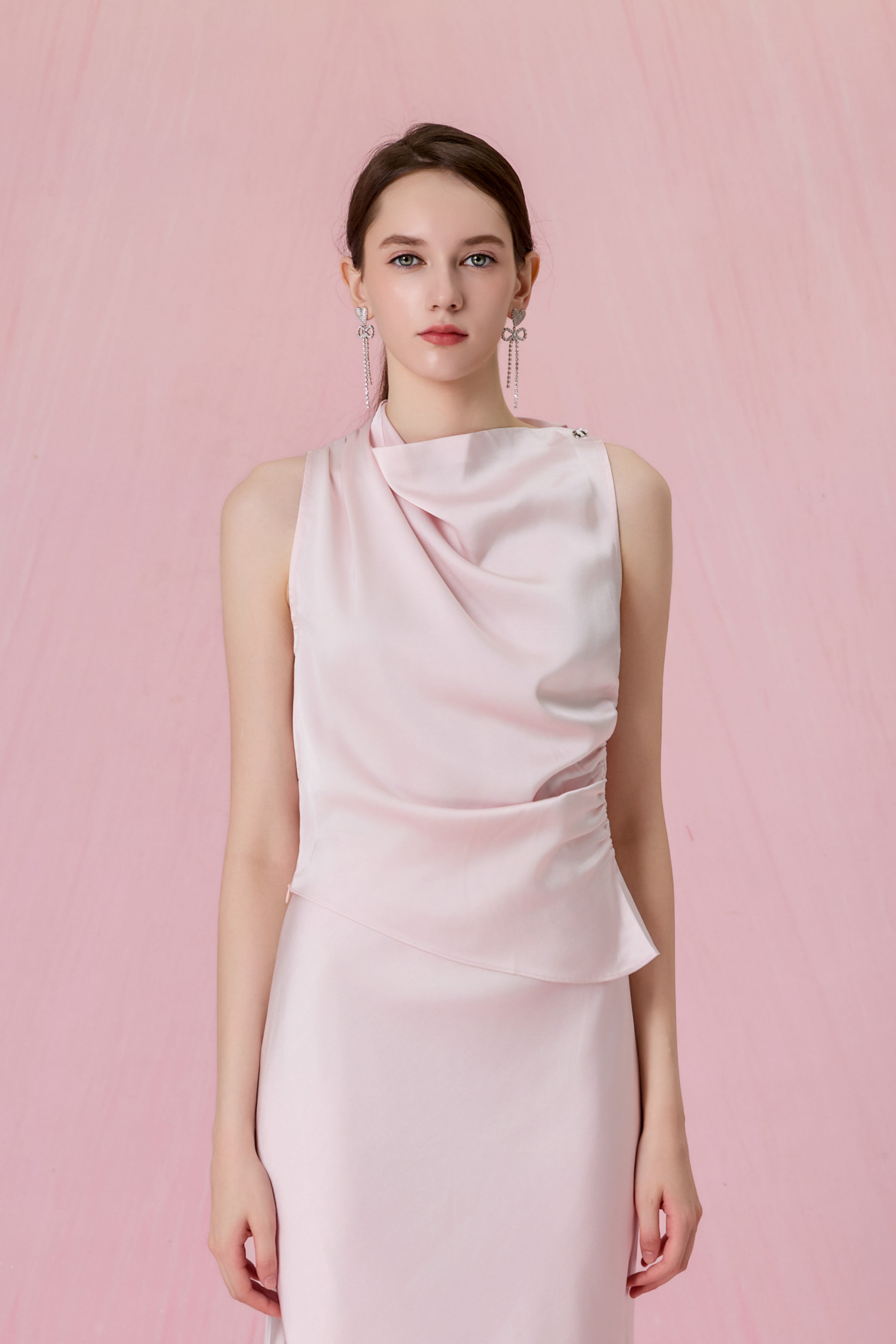 Cortney Light Pink Cowl-Neck Ruched Tunic Top