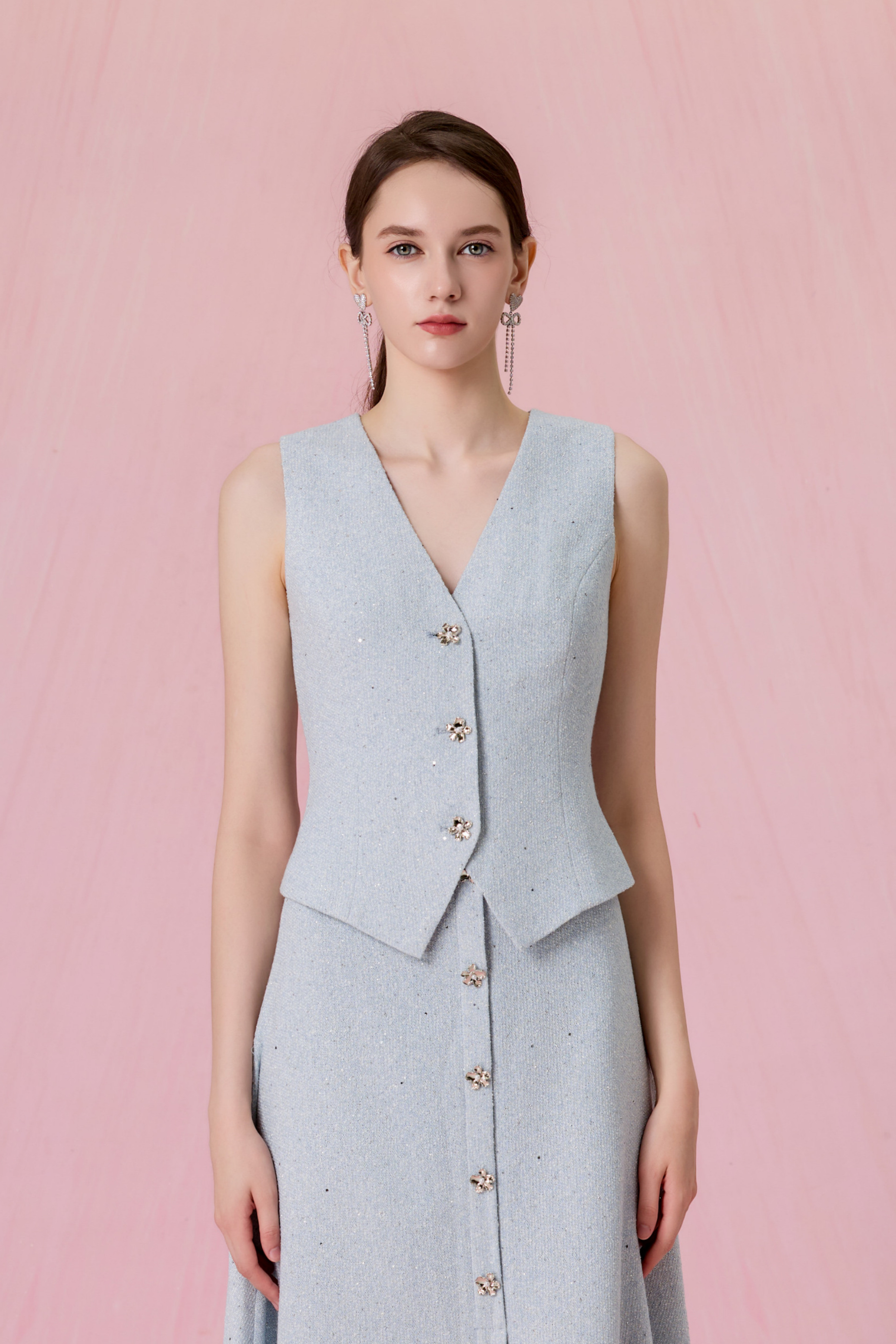 Claude Light Blue Tweed Button Front Vest Top