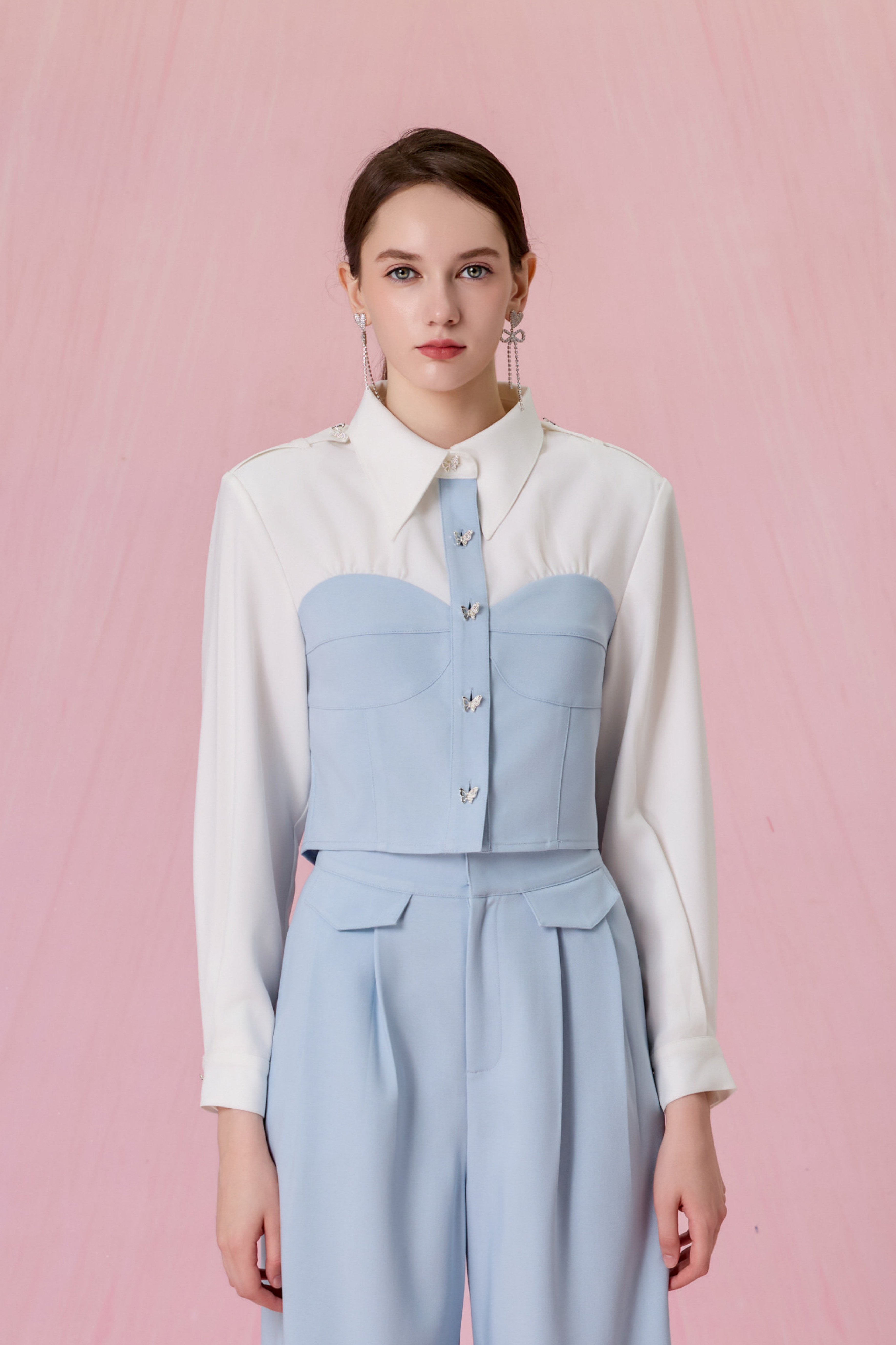 Cherisa Blue Contrast Panel Long Sleeve Top