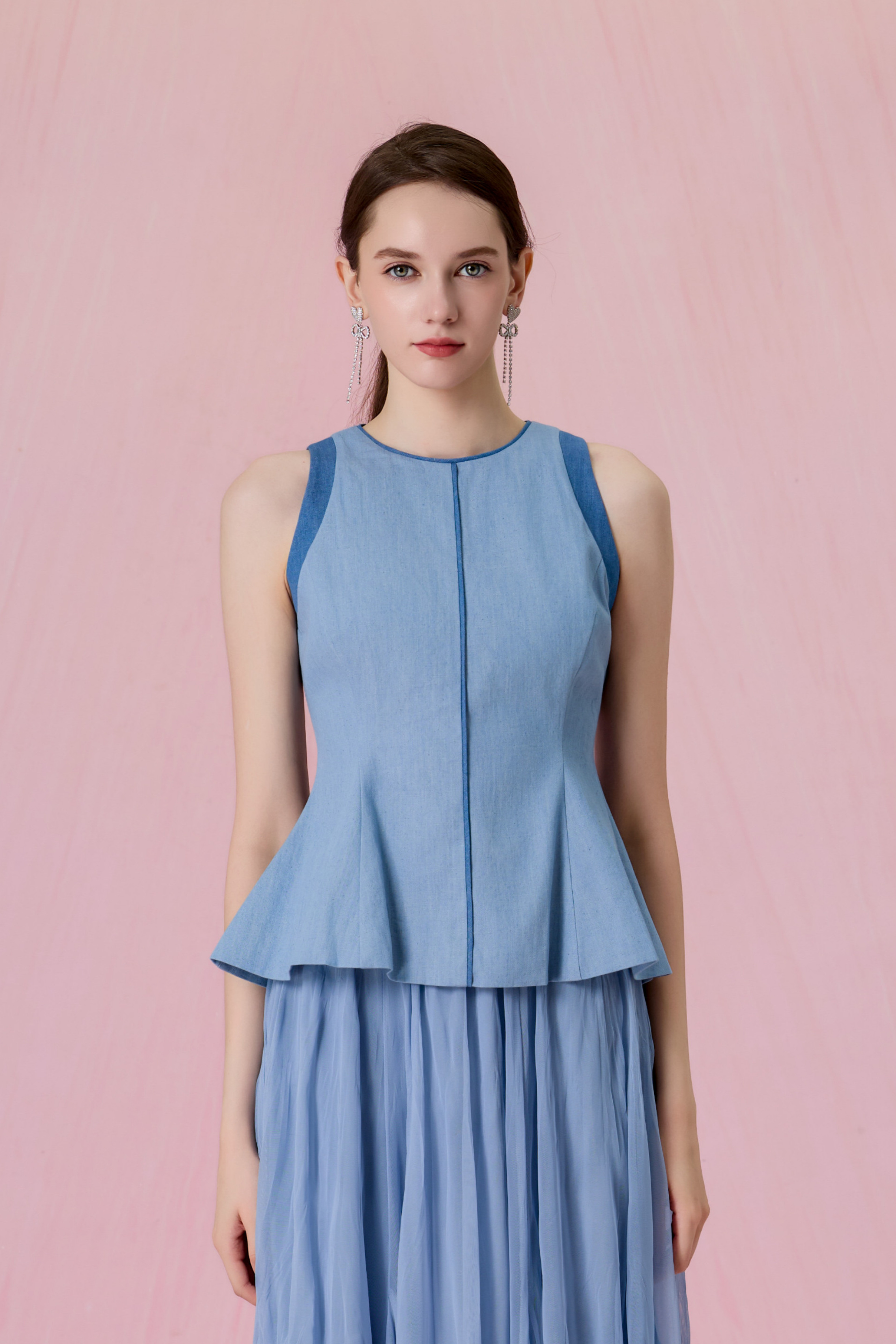 Cheryce Light Blue Denim Contrast-Trim Peplum Top