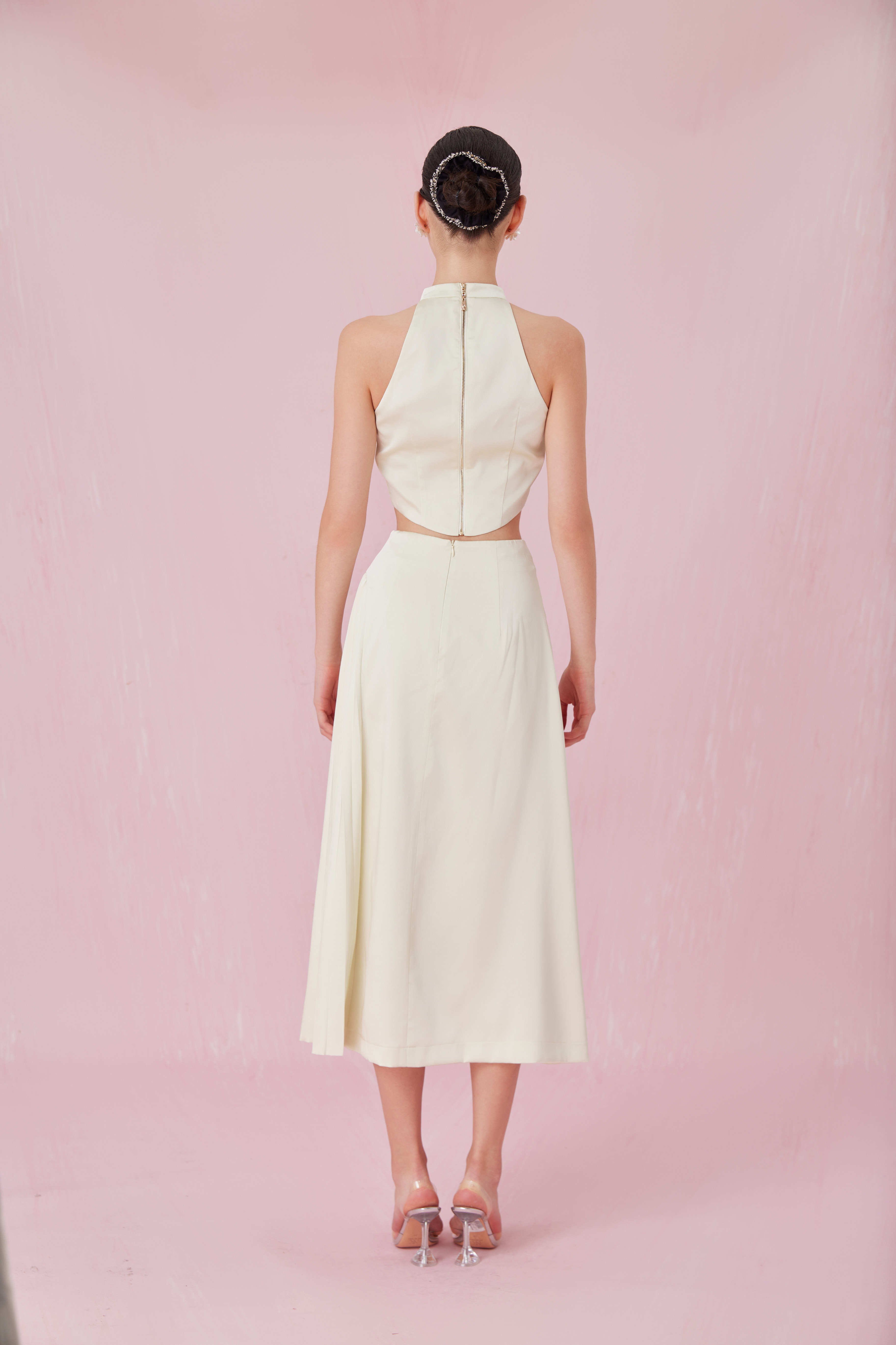 Cendrine Light Green Satin Pleated Skirt