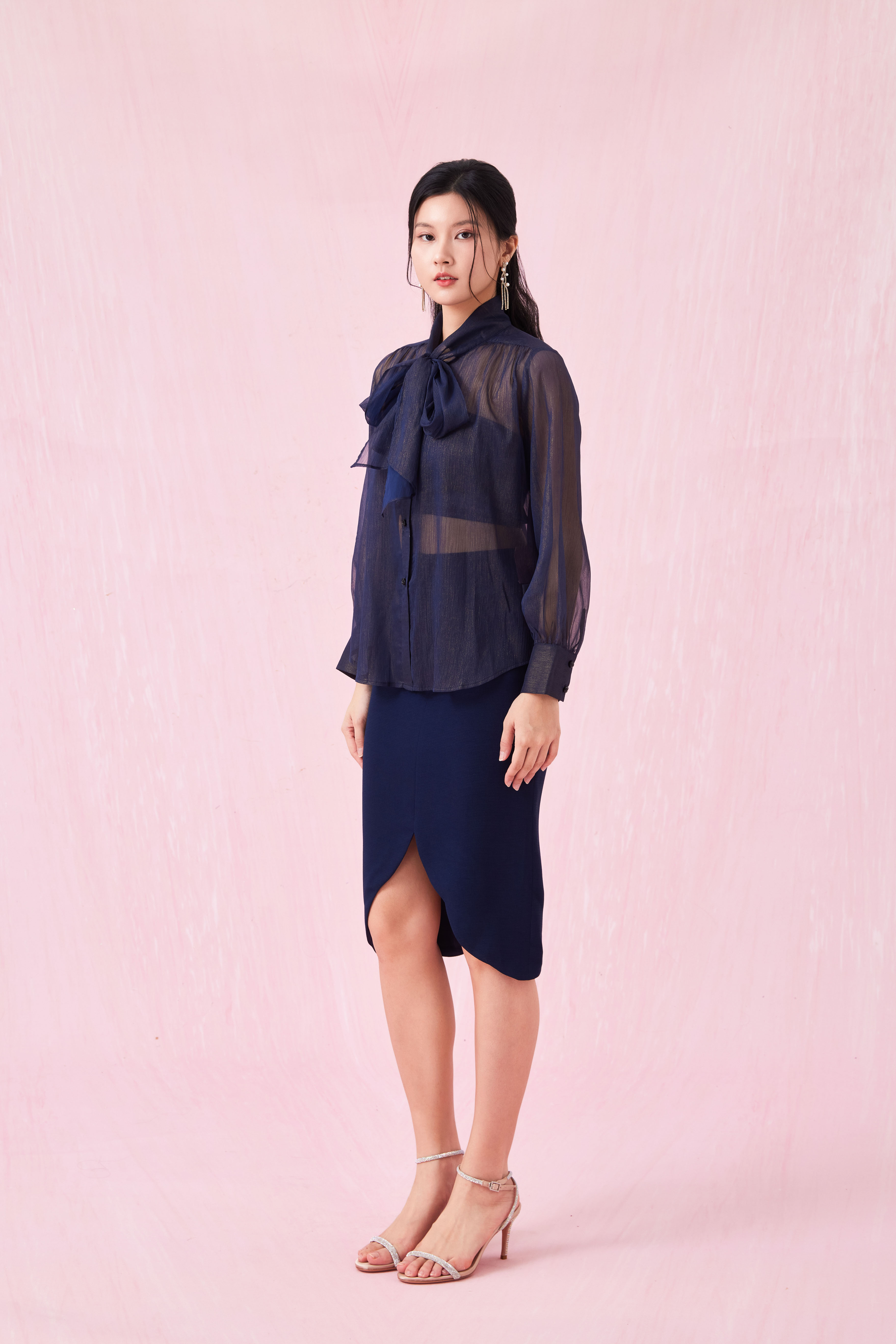 Caliste Navy Long Sleeve Top