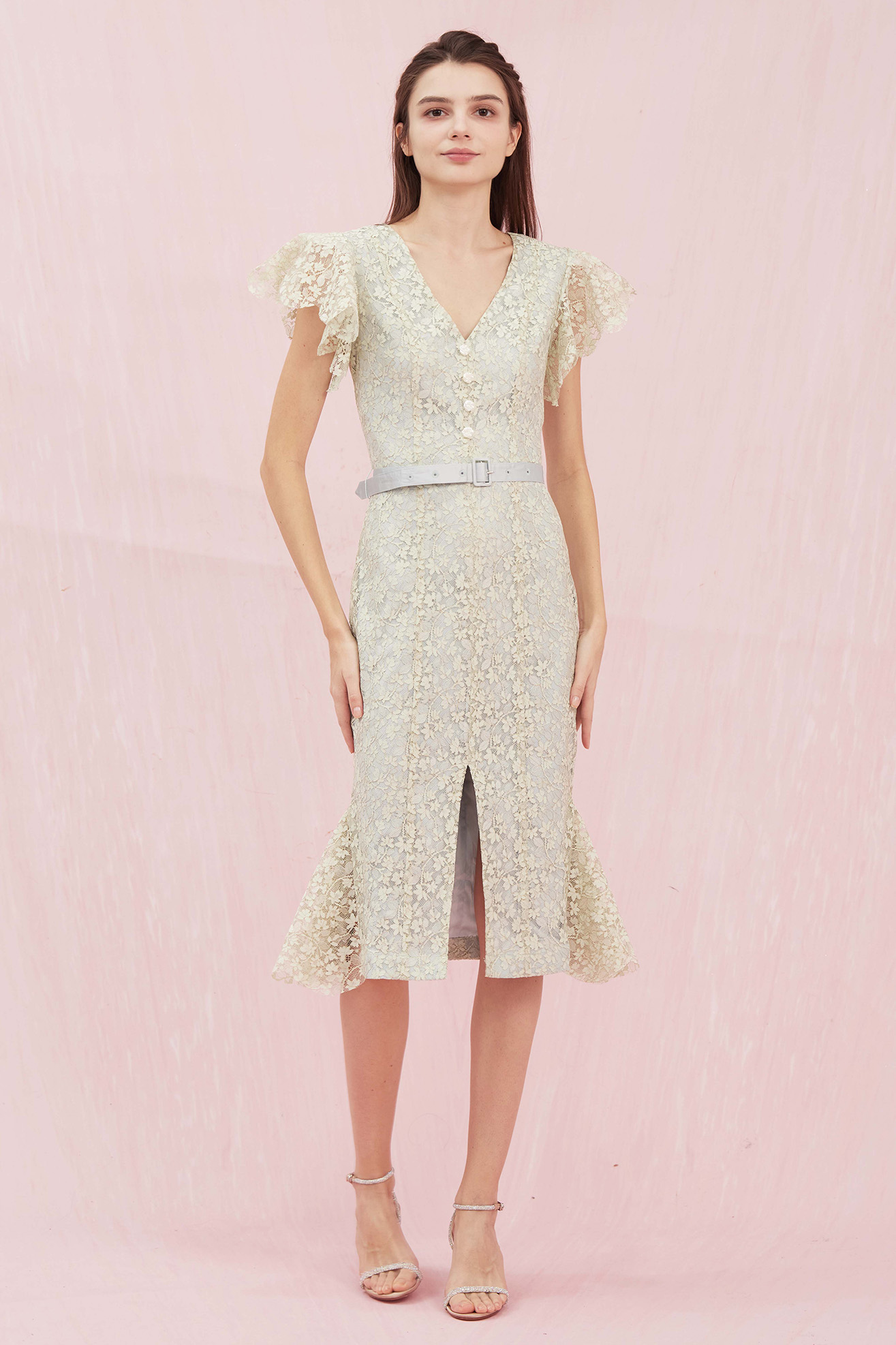 Arletta Green V Neck Lace Dress