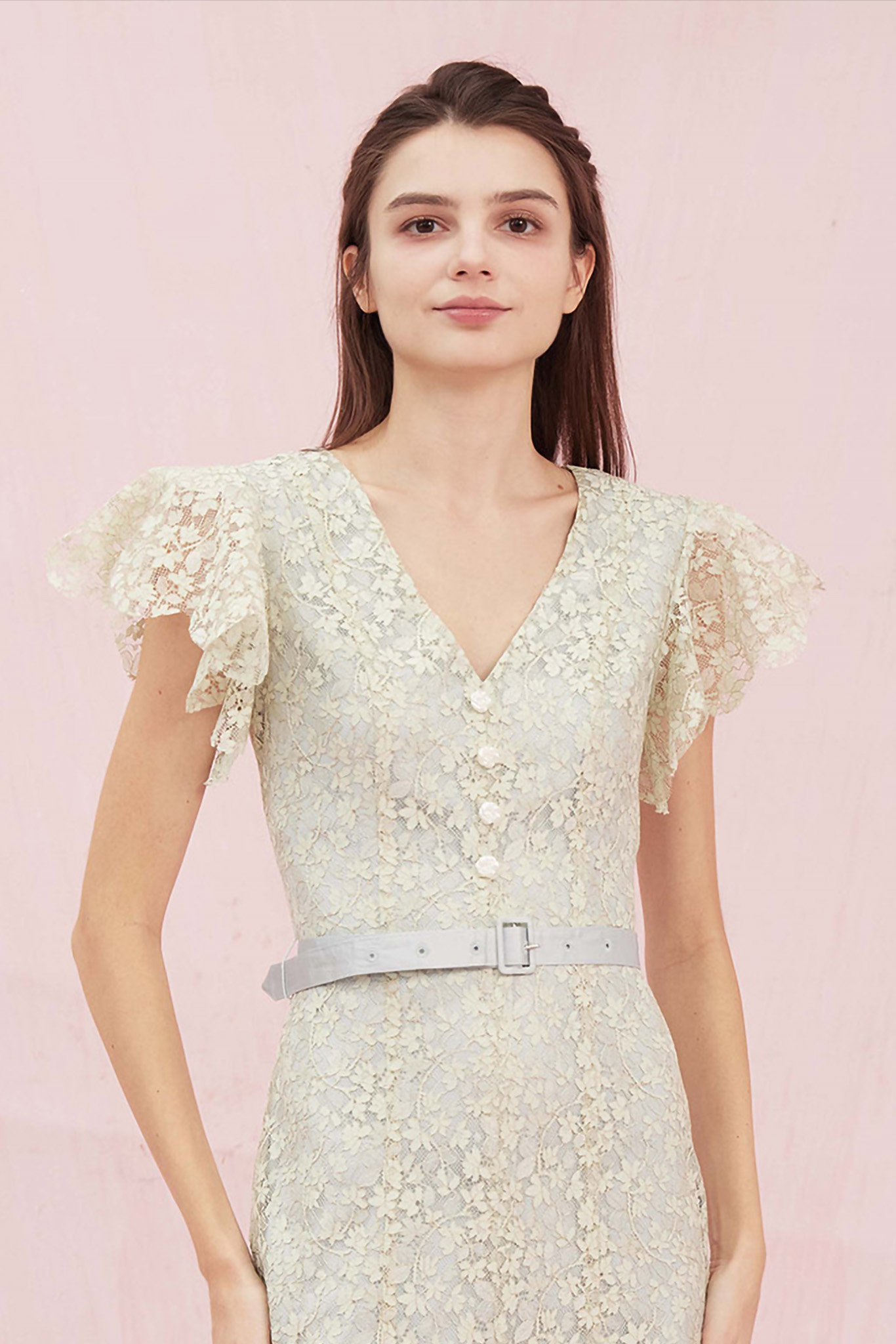 Arletta Green V Neck Lace Dress