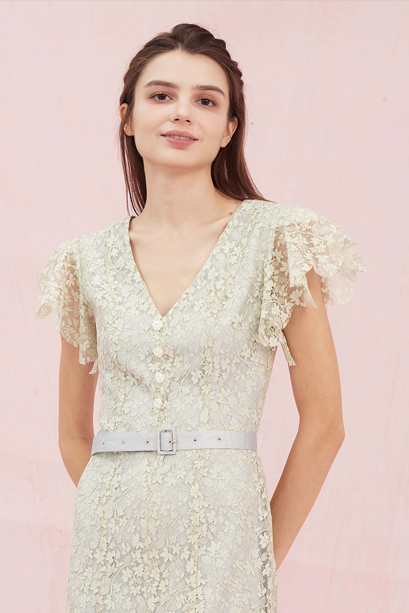 Arletta Green V Neck Lace Dress