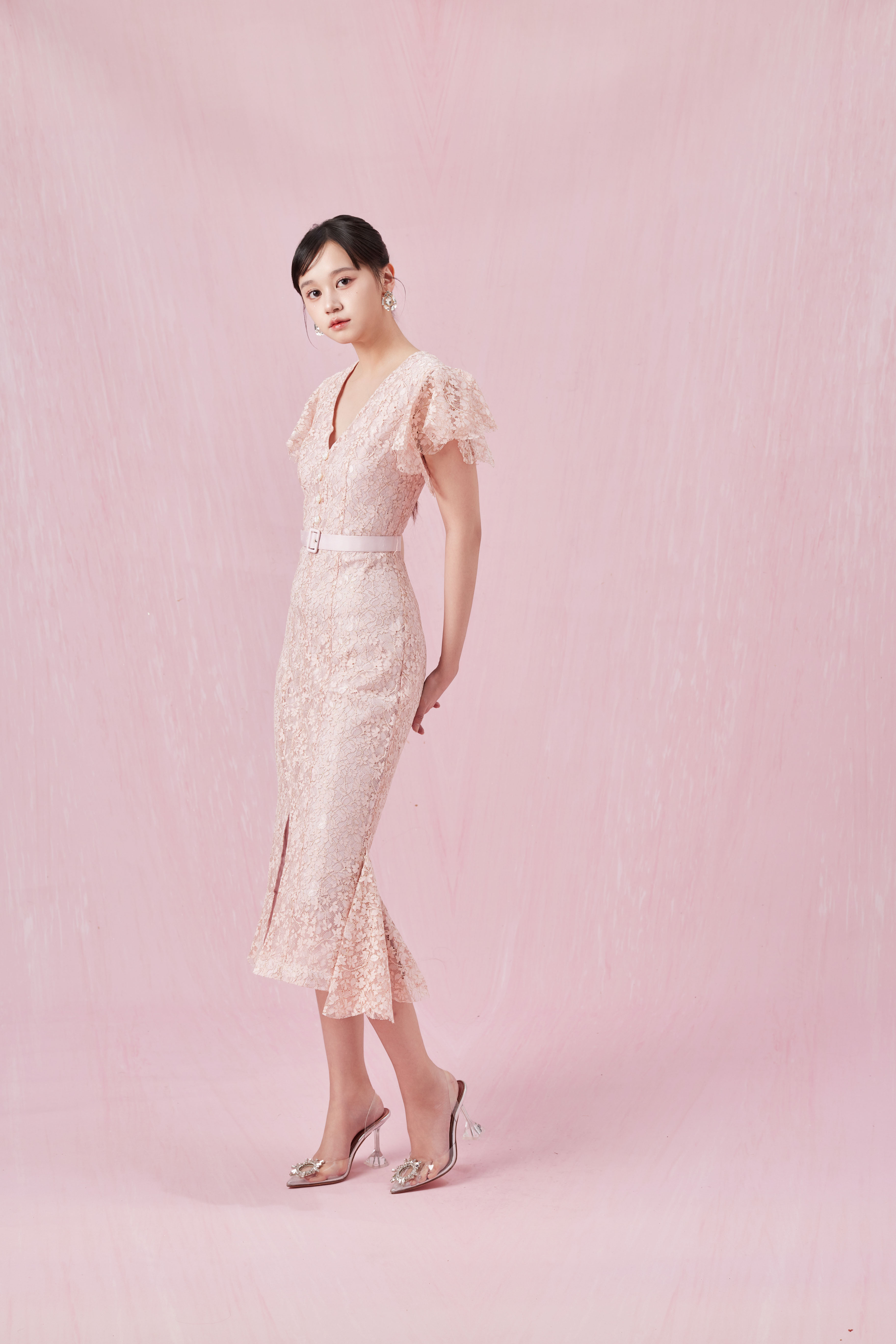 Arletta Pink V Neck Lace Dress