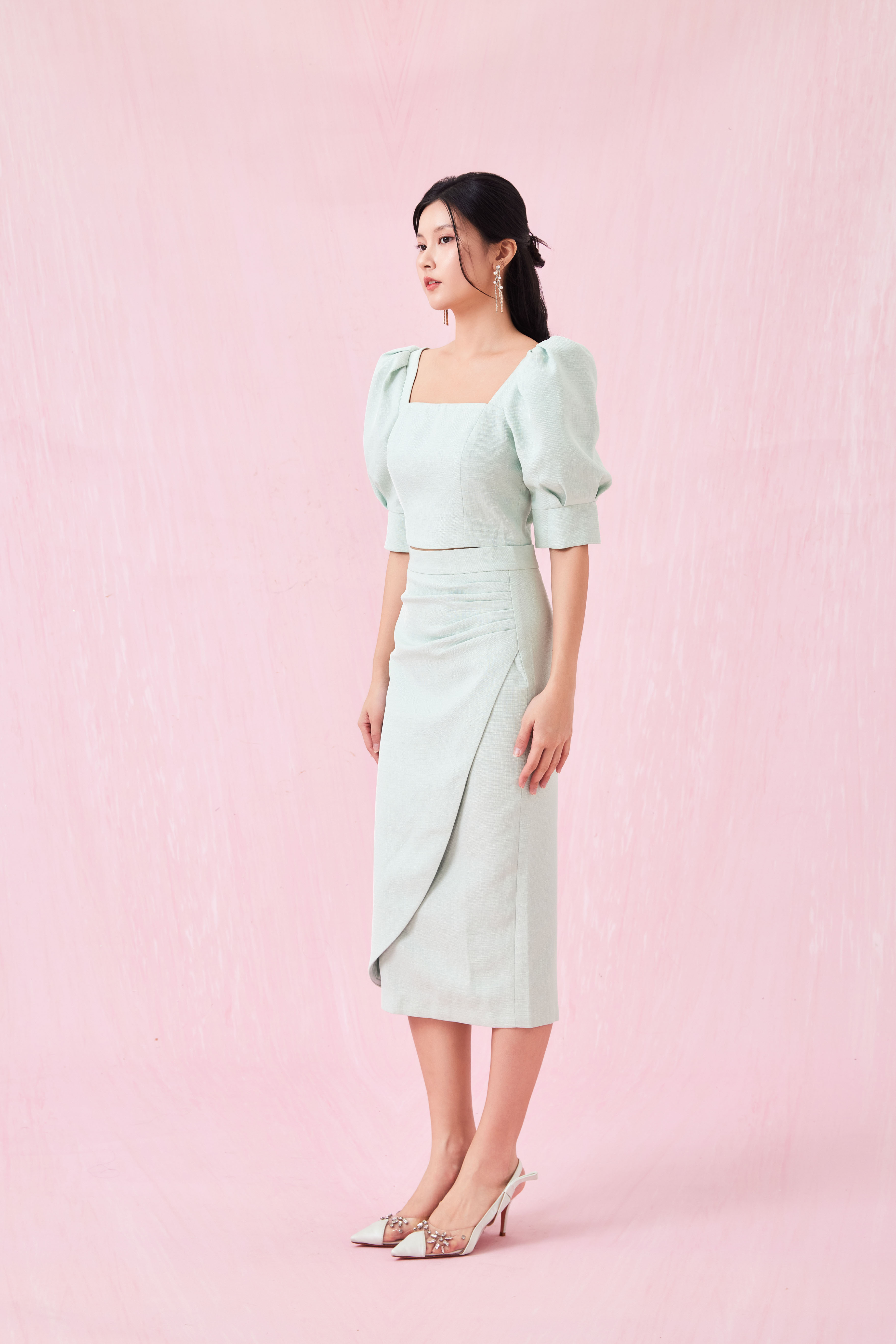 Gilian Light Green Midi Skirt With Slit