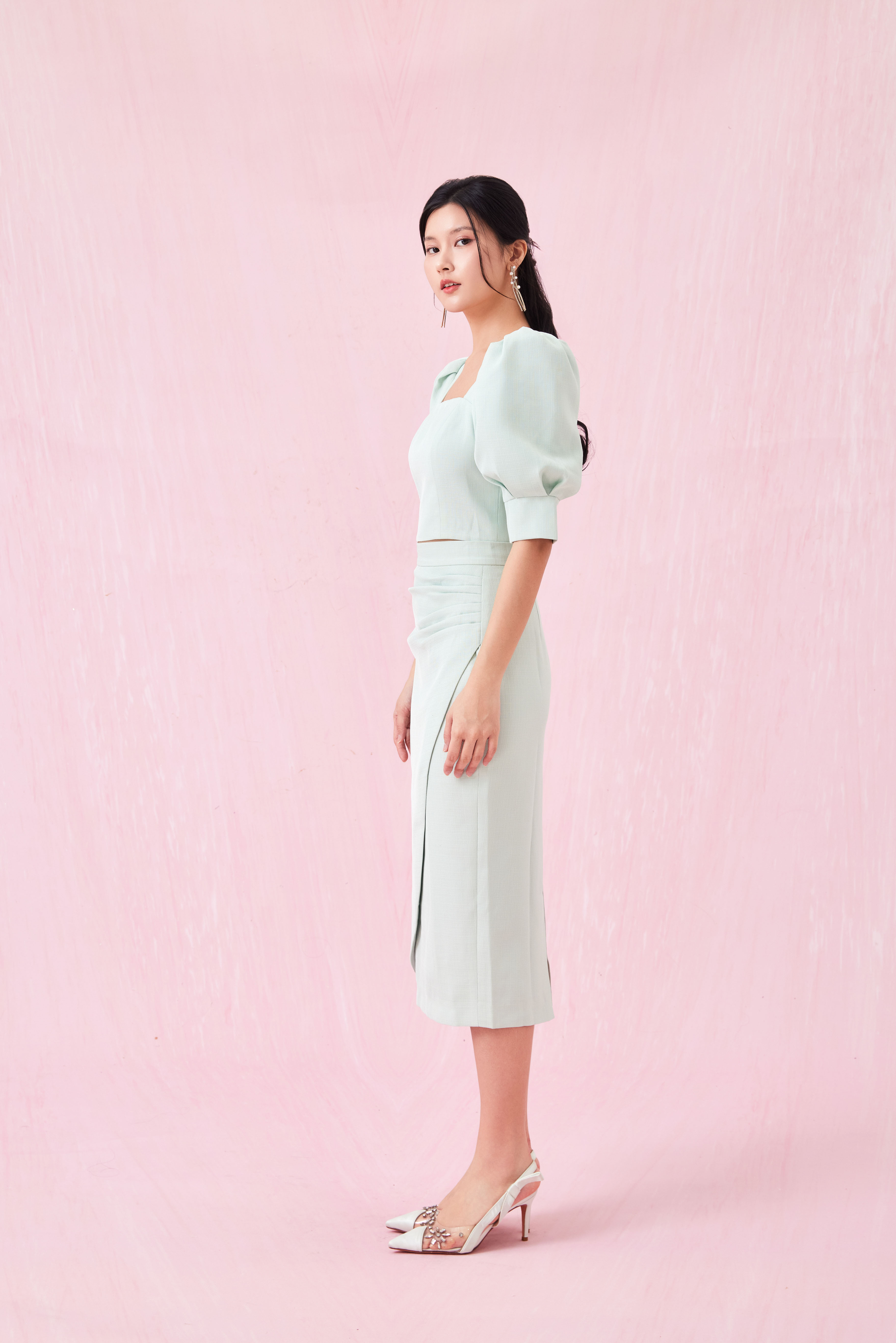 Gilian Light Green Midi Skirt With Slit