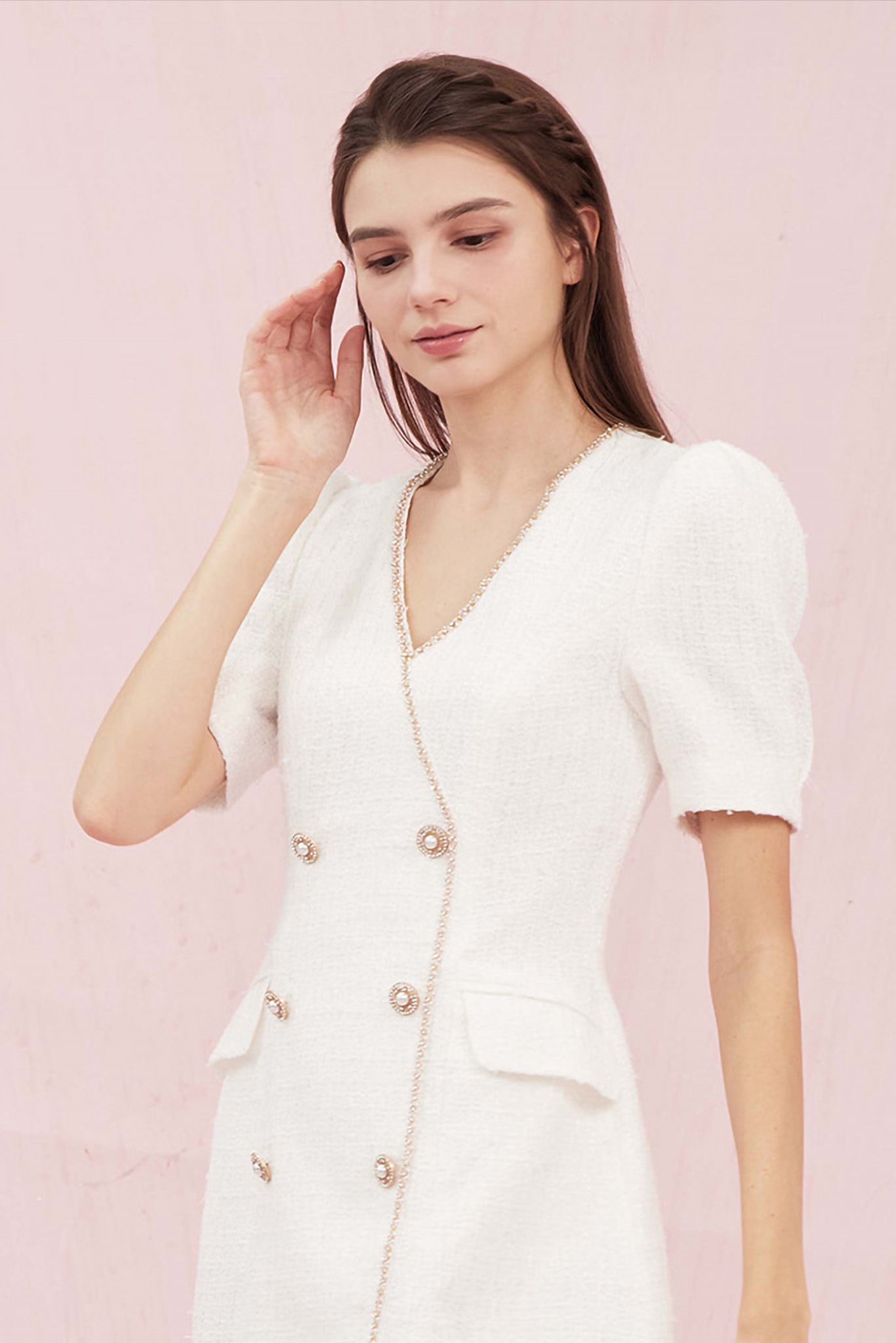 Grissel Button White Tweed Dress