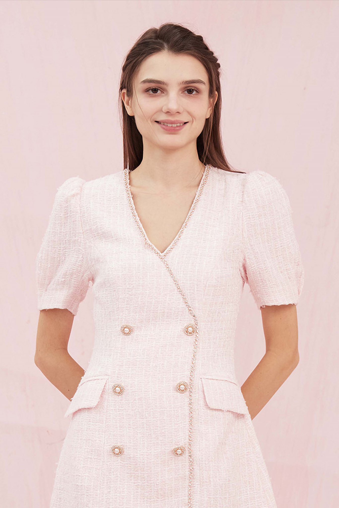 Grissel Button Light Pink Tweed Dress