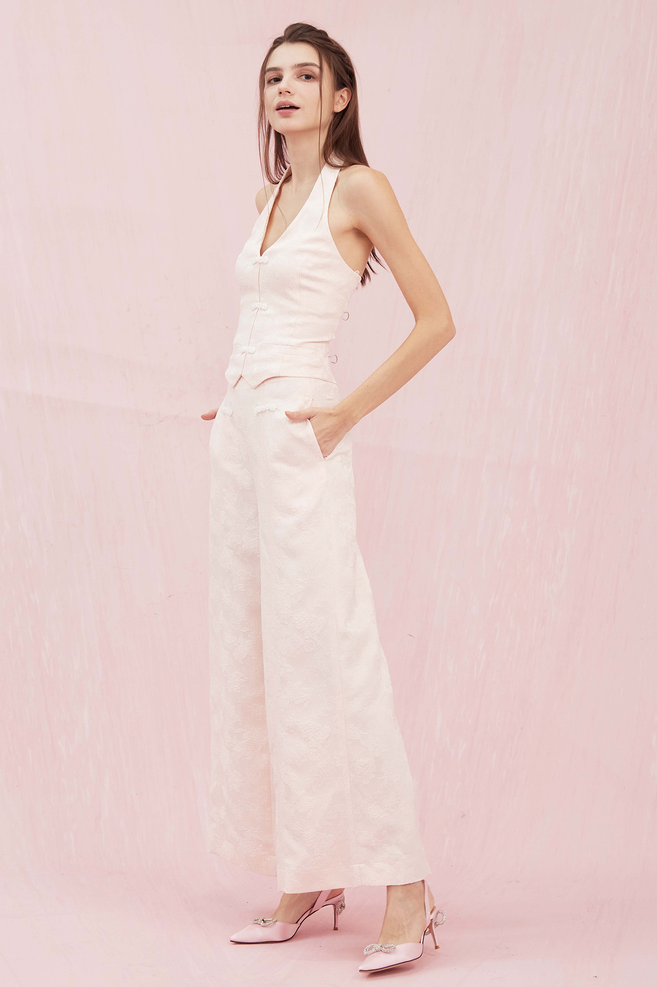 Brigitte Pink Jacquard Halter Top