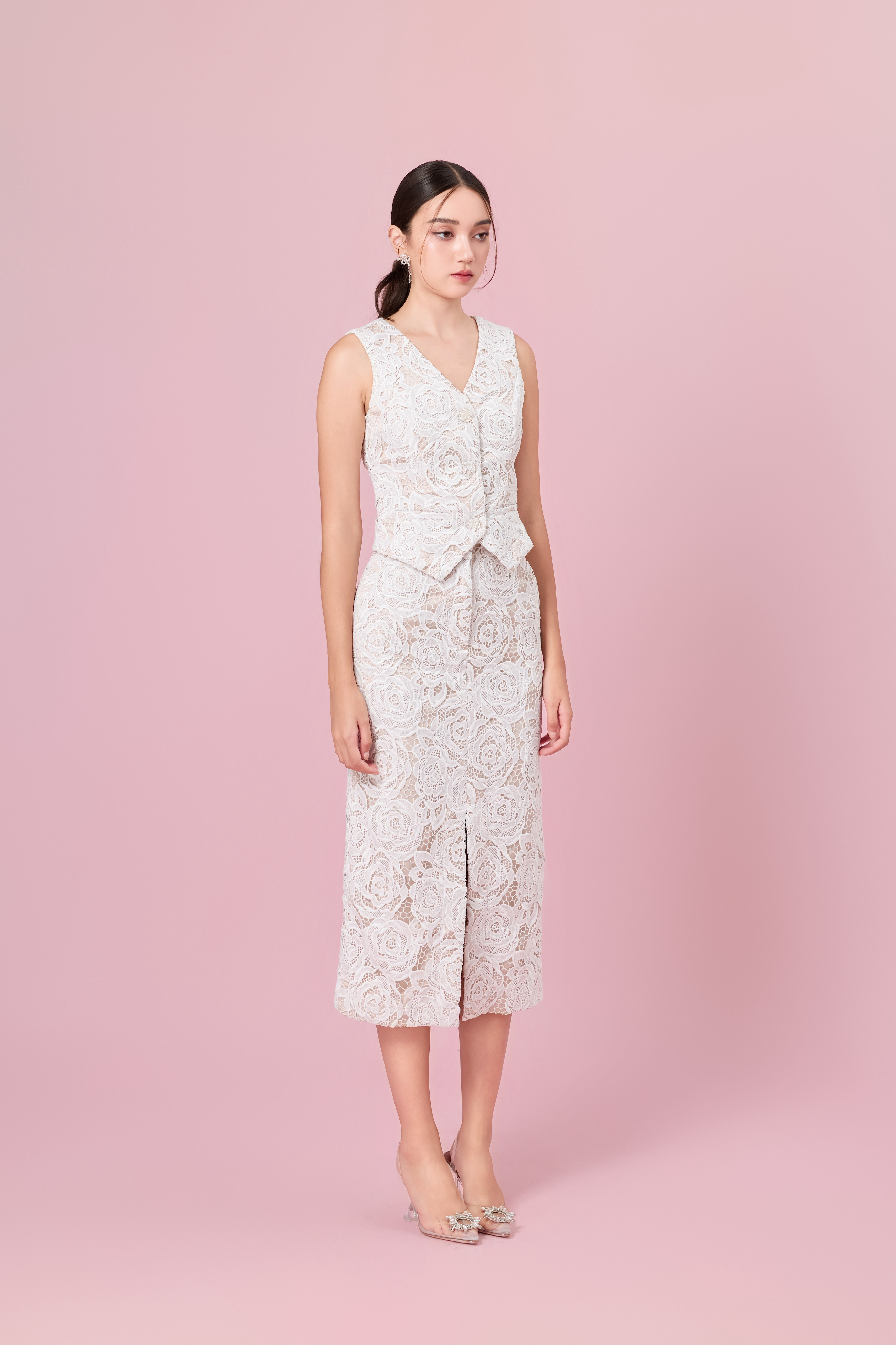 Cerrita White Rose Lace Straight Skirt