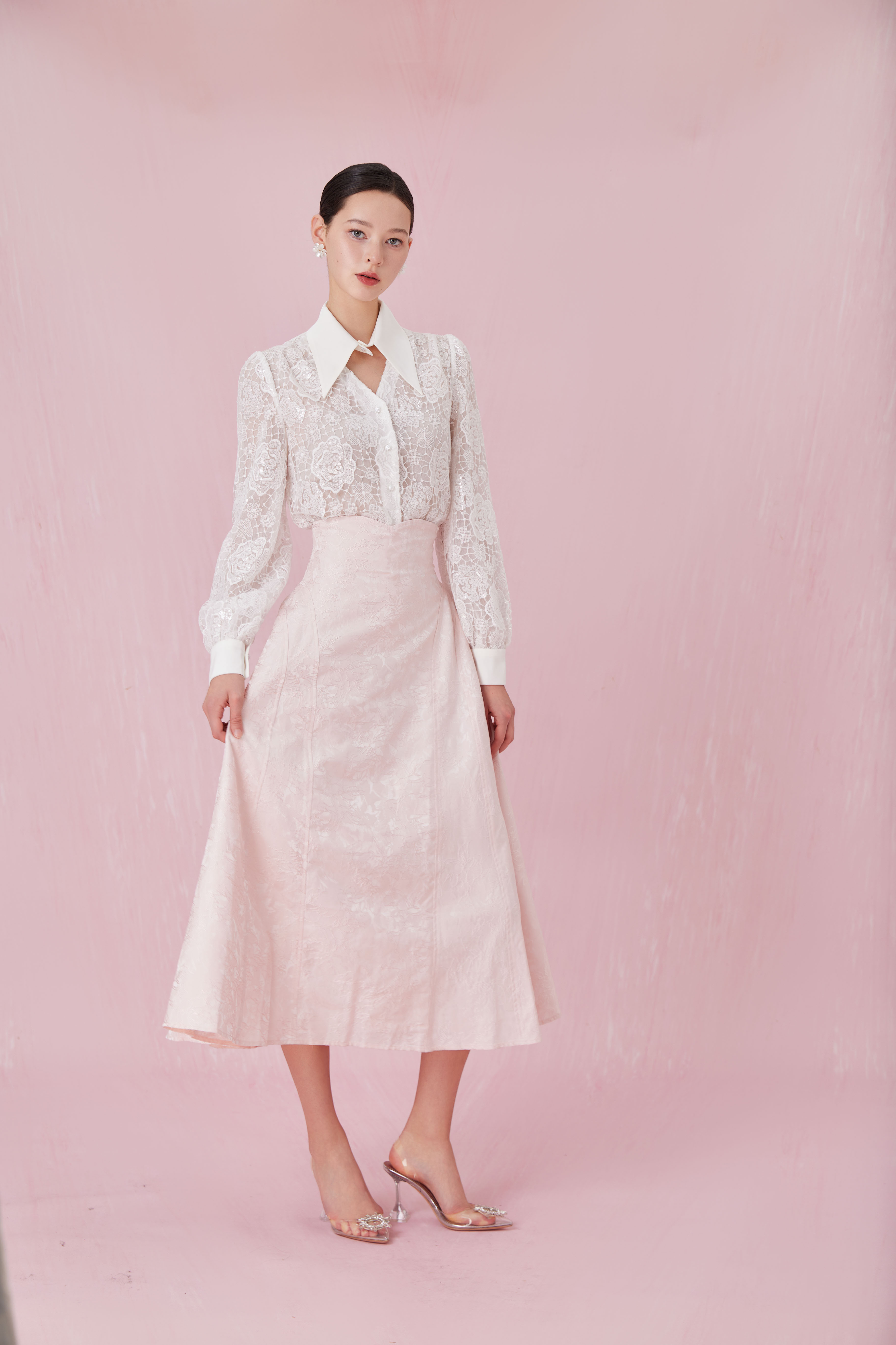 Chanele Pink Rose Jacquard A-Line Skirt