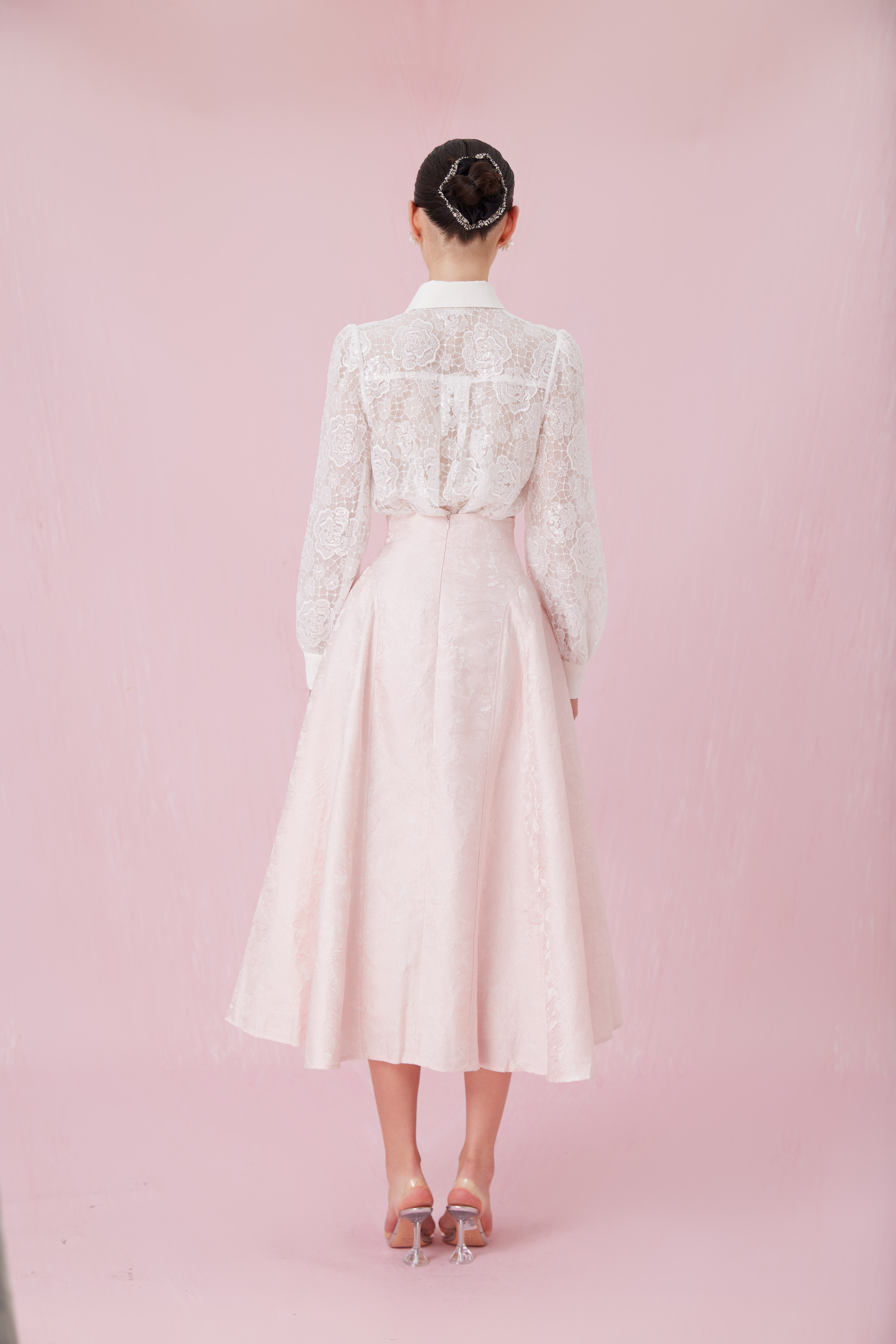 Chanele Pink Rose Jacquard A-Line Skirt