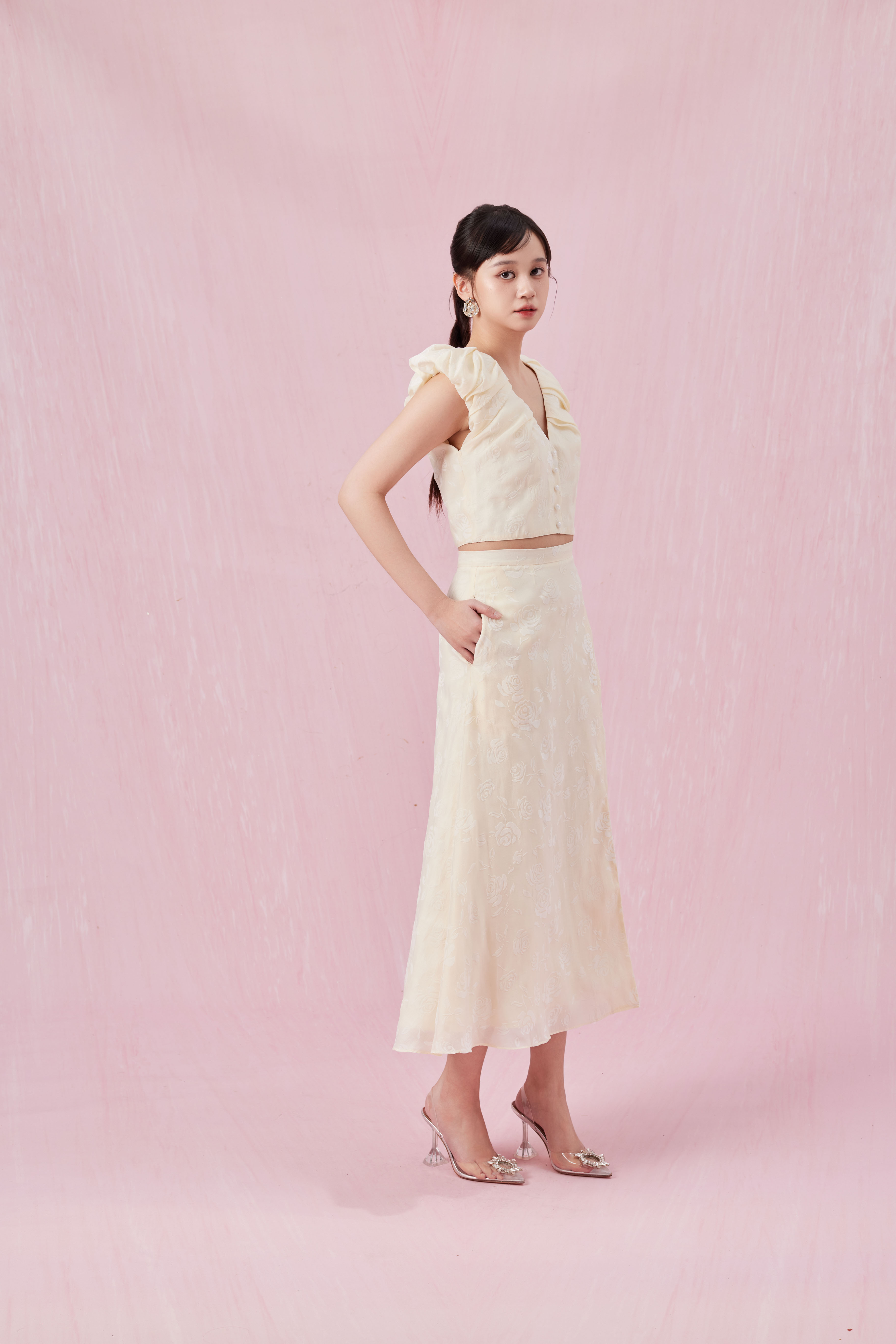 Charilynn Cream Rose A-Line Skirt