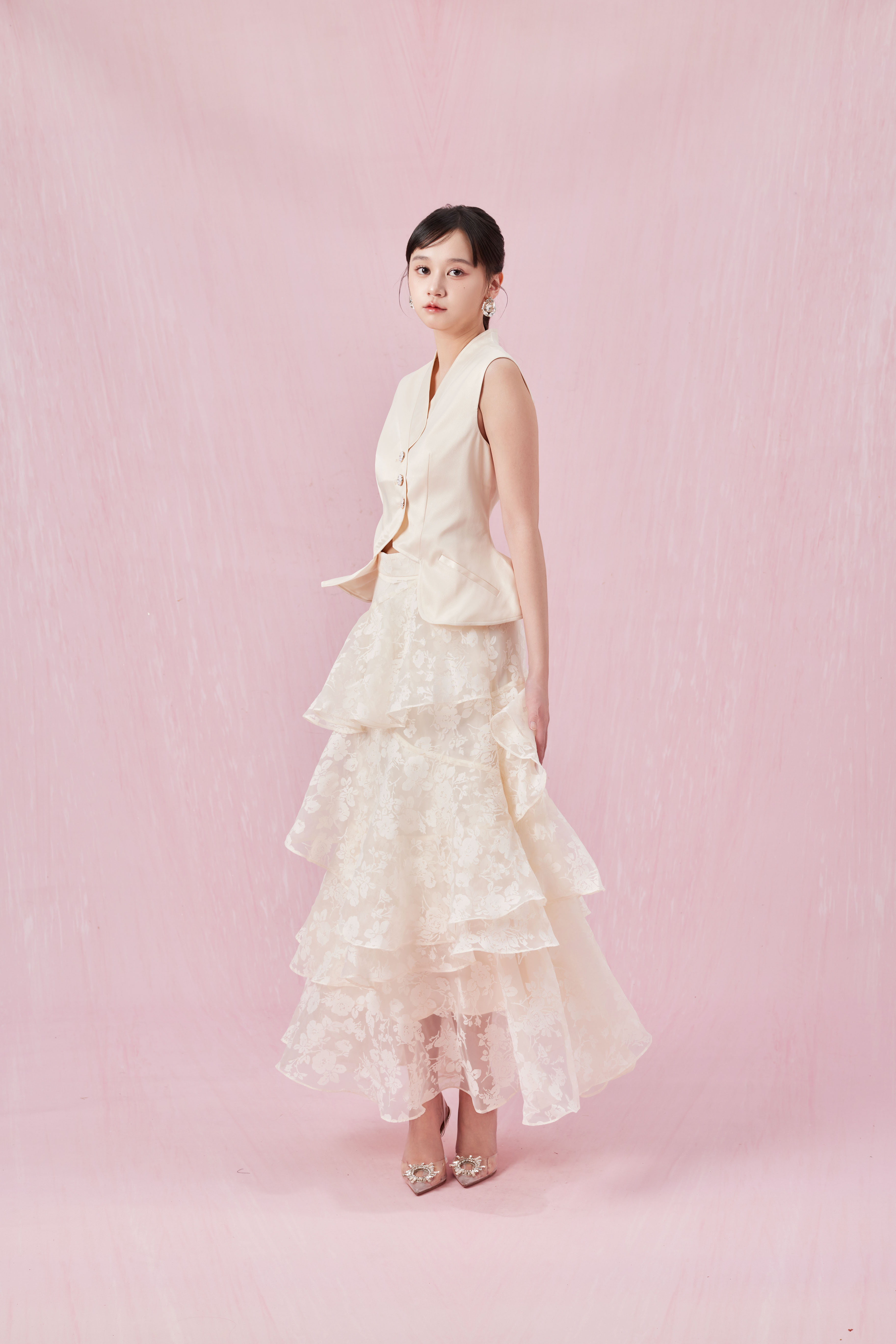 Chantiel Cream Rose Mesh Tier Skirt