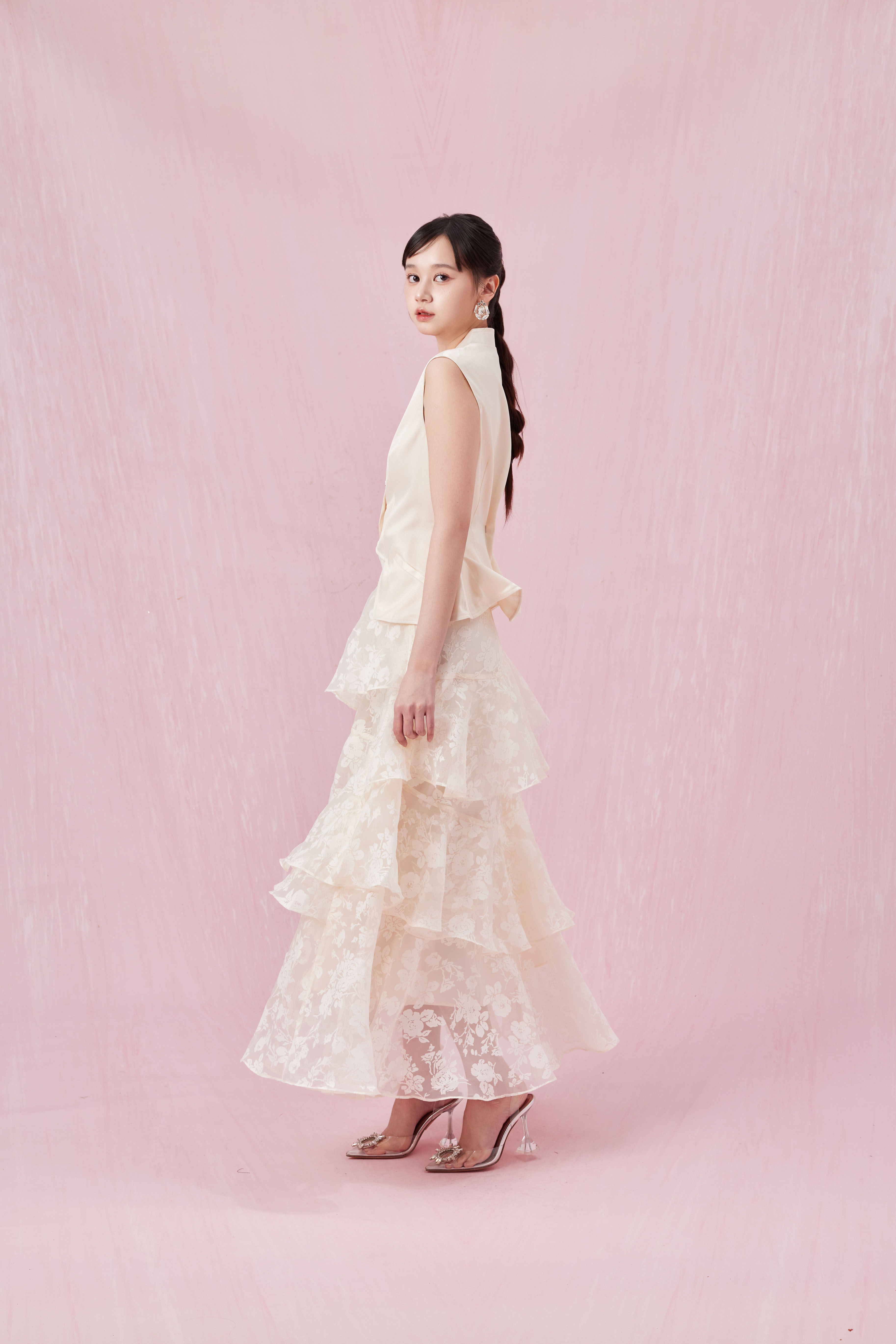 Chantiel Cream Rose Mesh Tier Skirt
