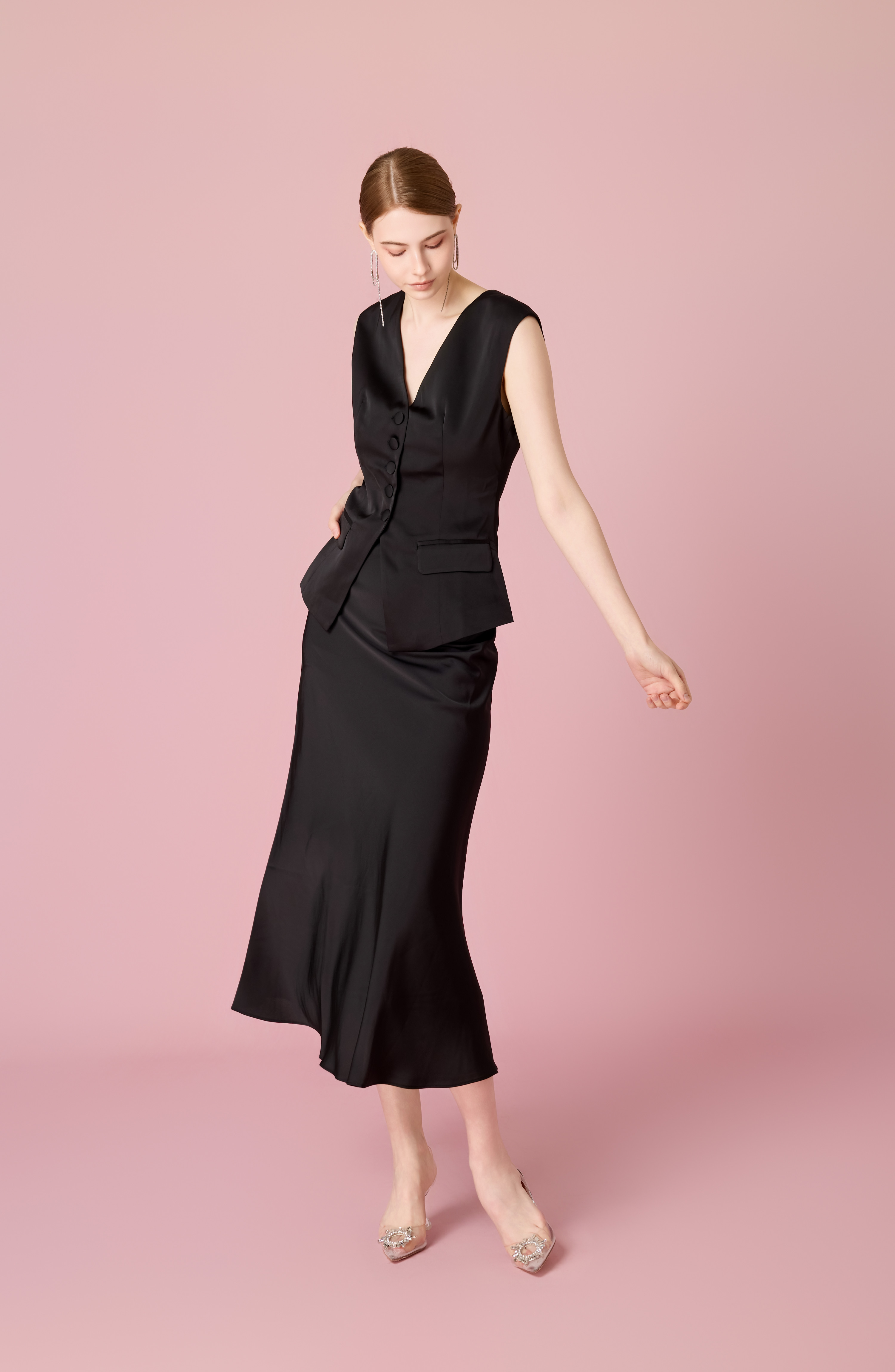 Chantele Black Sateen Midi Skirt