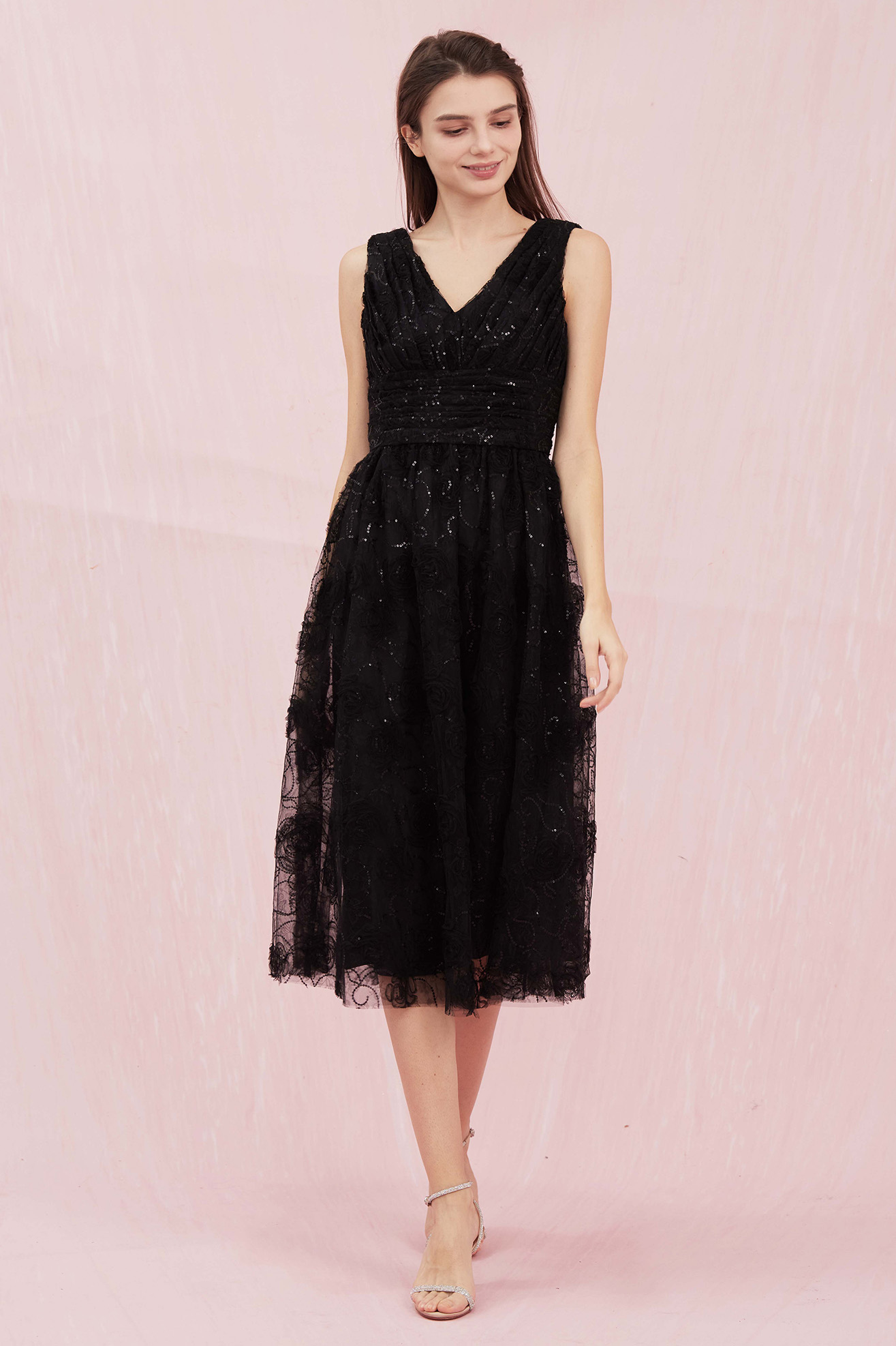 Cerese Black Mesh Midi Dress