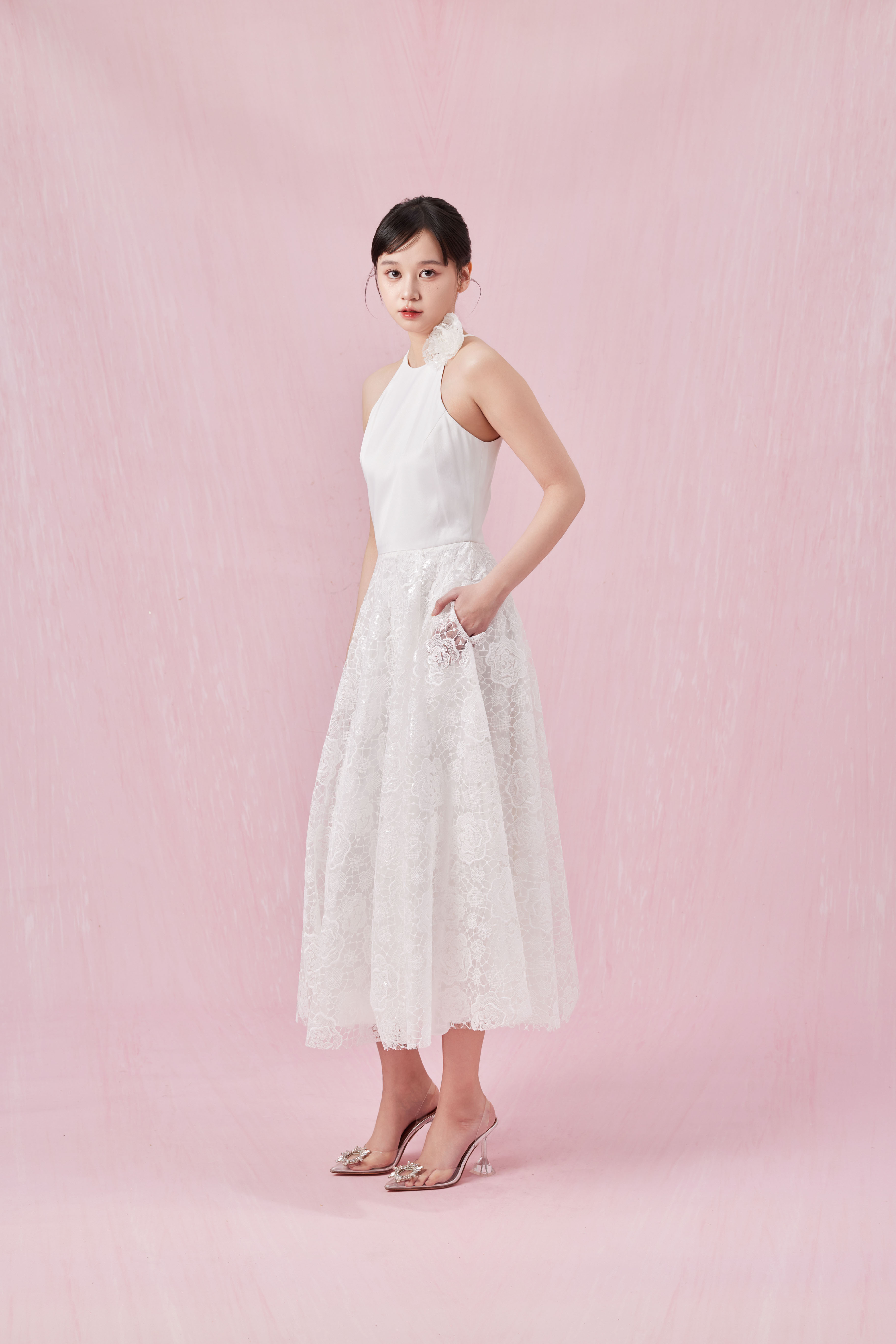 Chandel White Sateen Lace Halter Dress