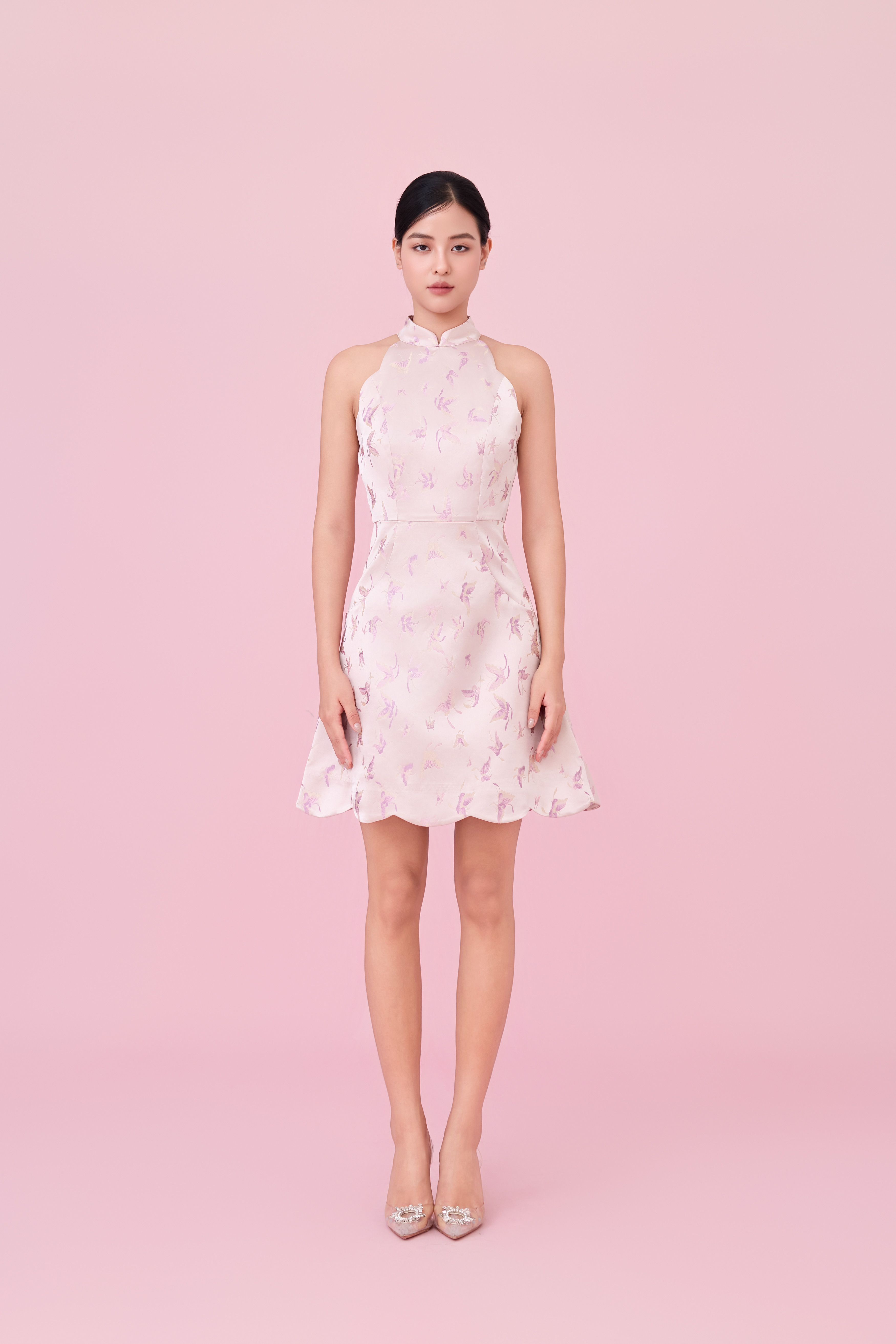 Caron Dusty Pink Jacquard With Woven Butterfly Halter Dress