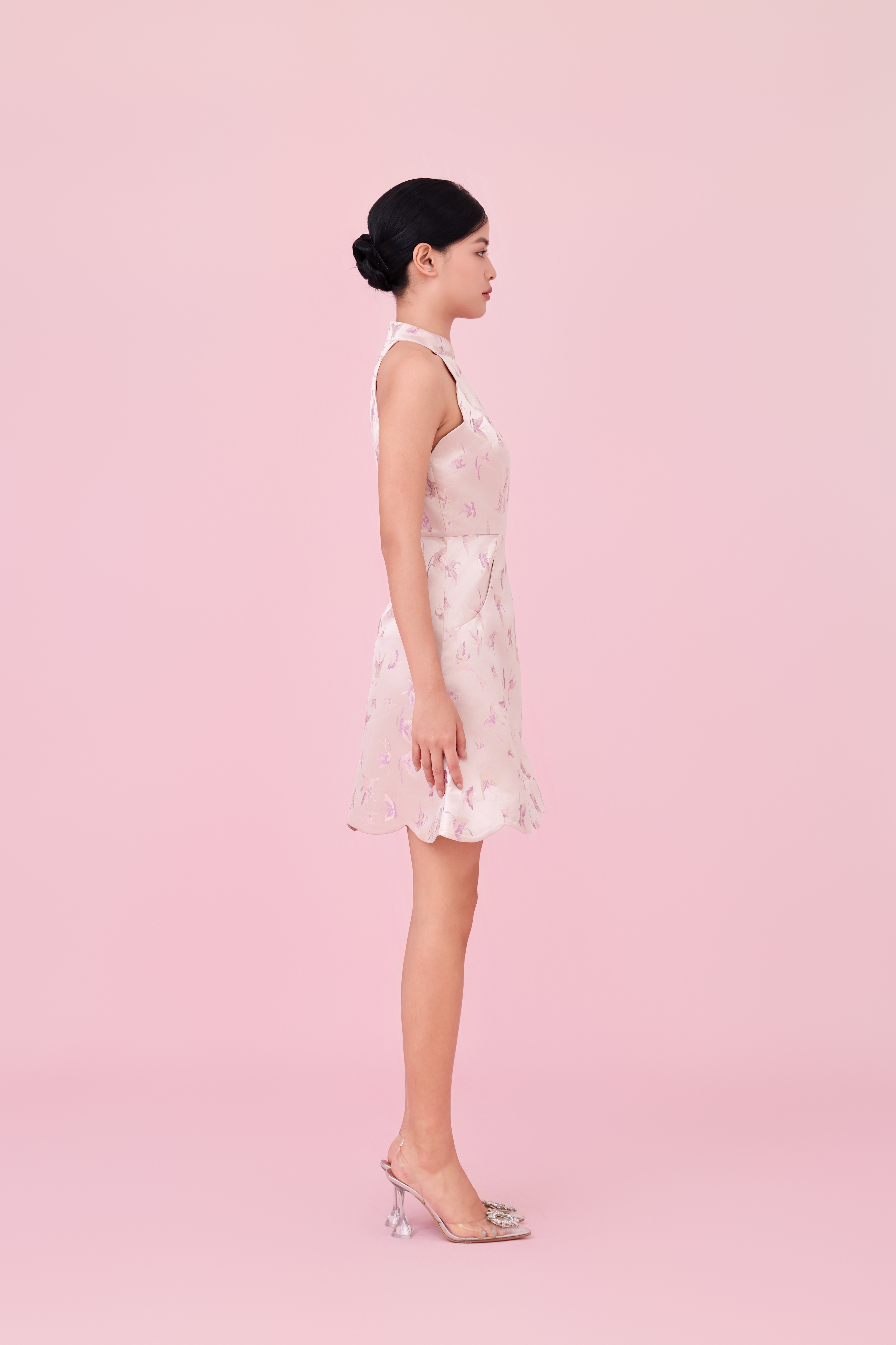 Caron Dusty Pink Jacquard With Woven Butterfly Halter Dress