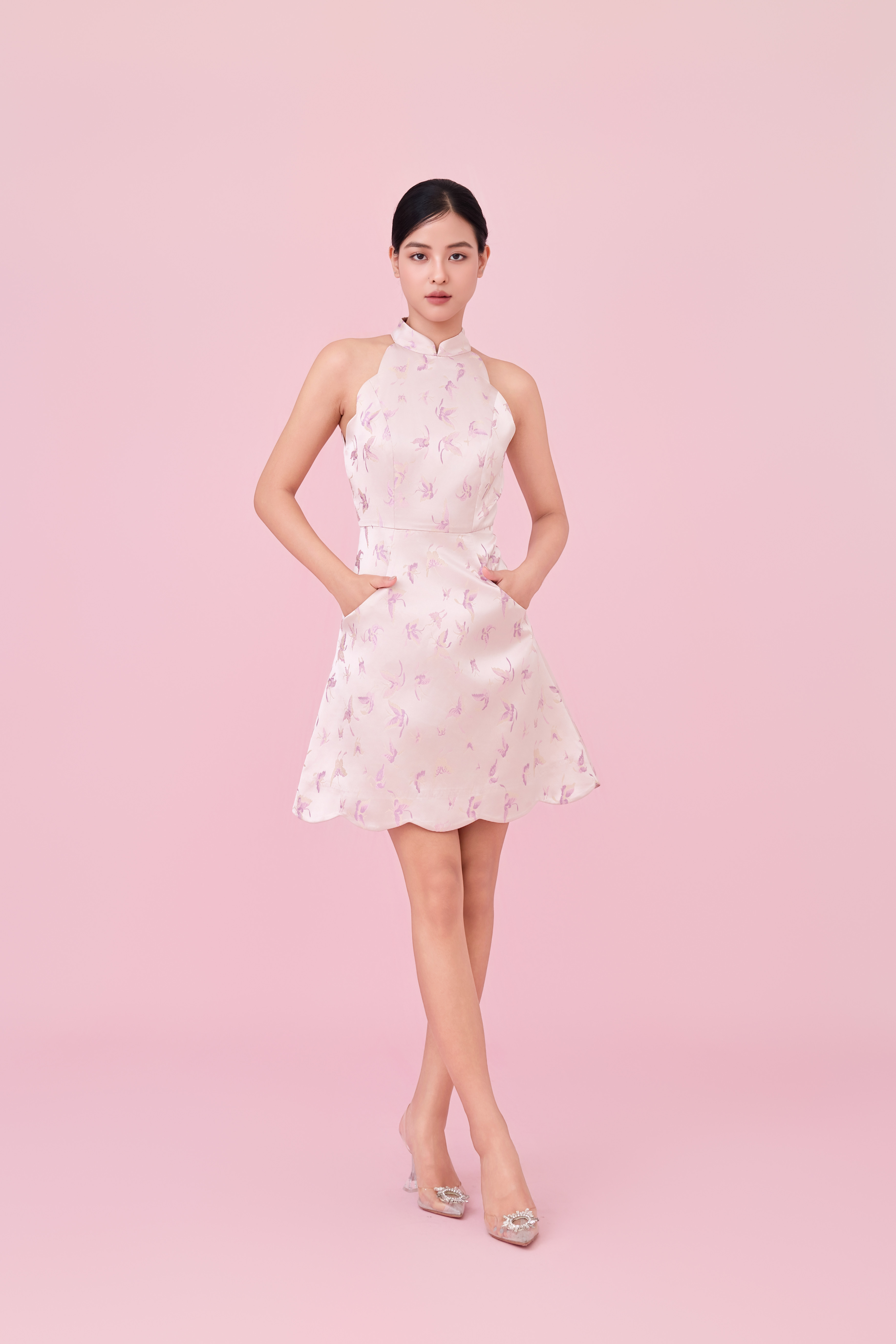 Caron Dusty Pink Jacquard With Woven Butterfly Halter Dress