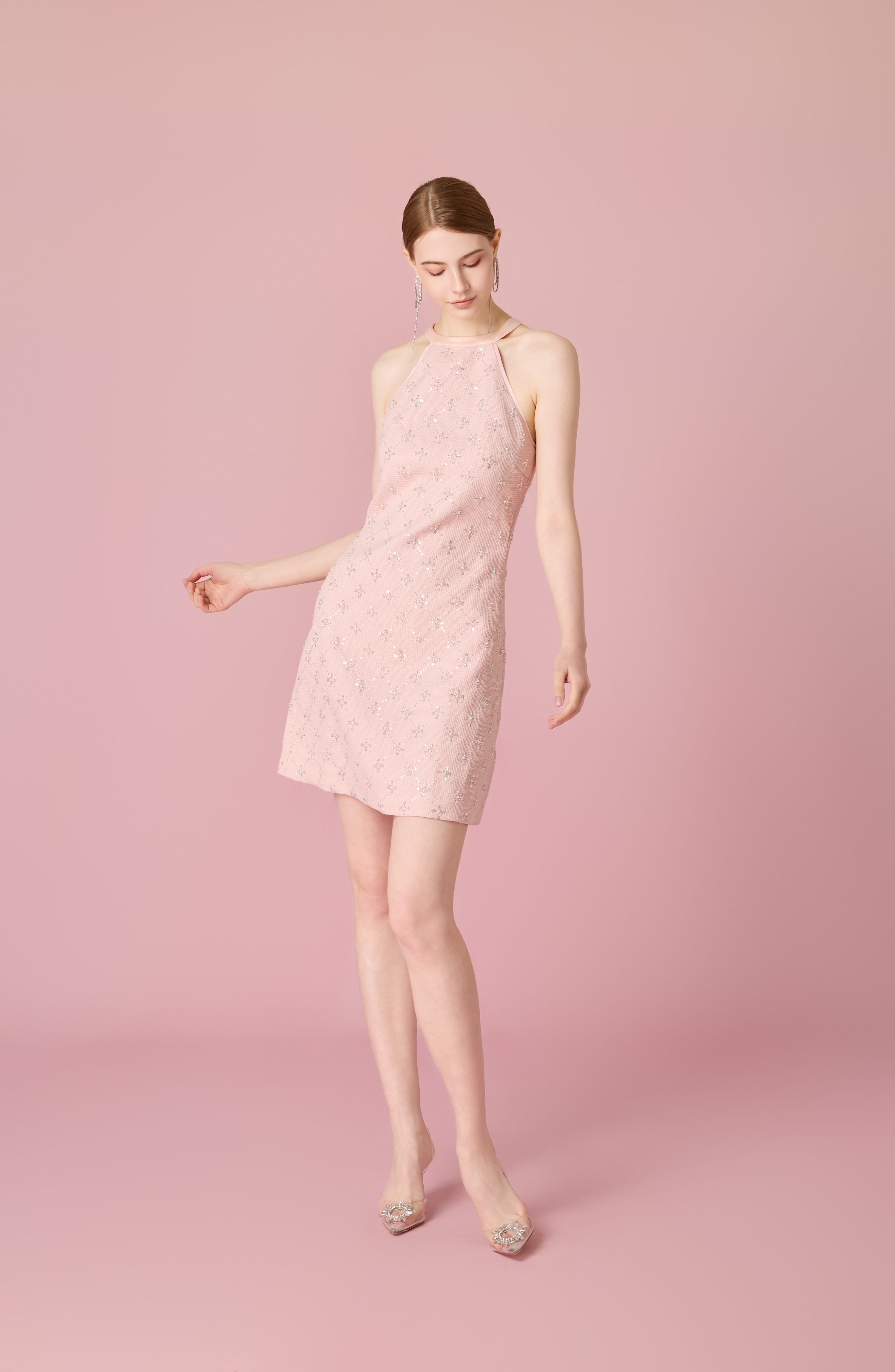 Chandelle Pink Tweed Halter Dress